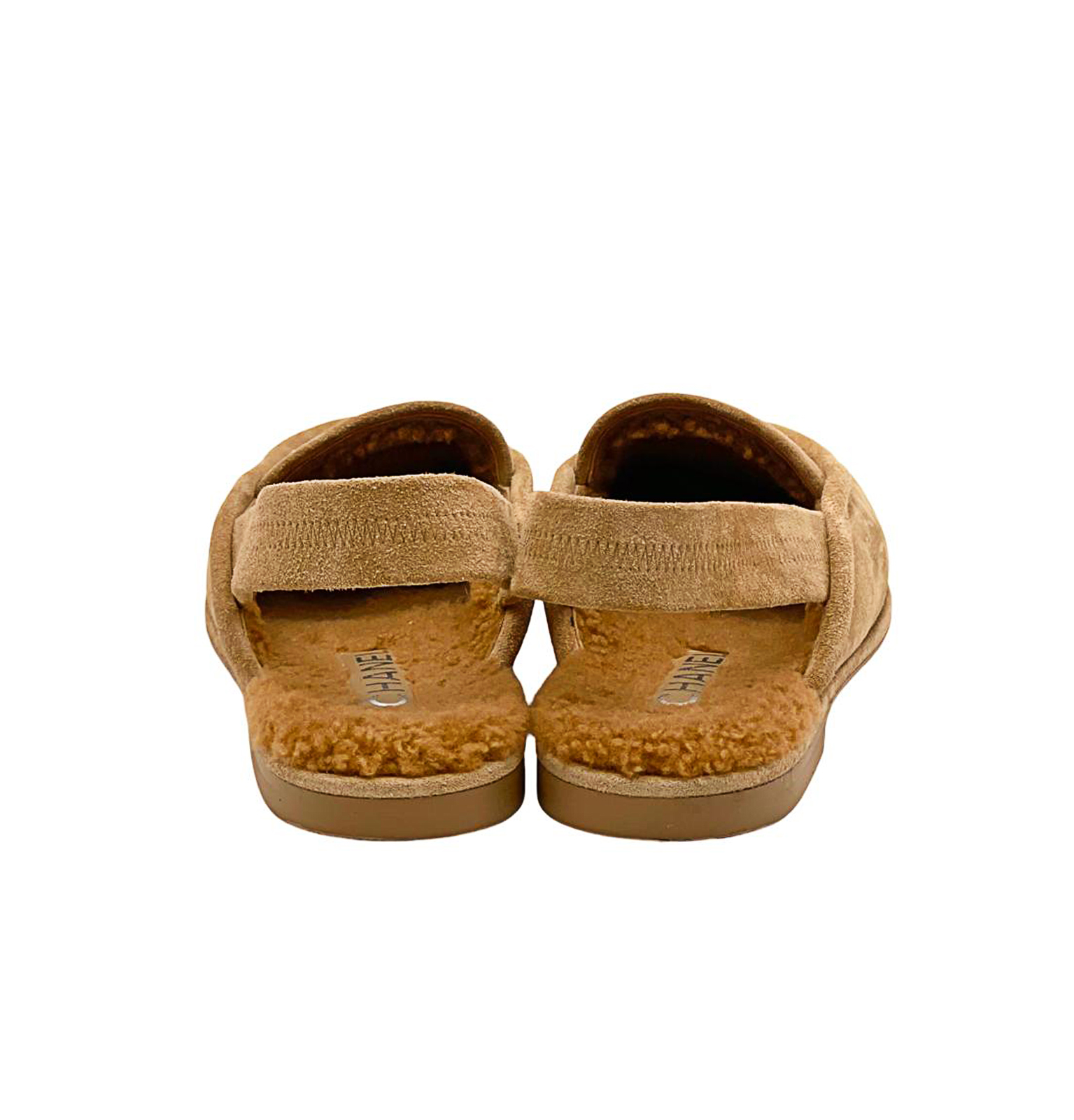 Chanel Camel Suede Shearling Silver CC Logo Slingback Loafers 38.5