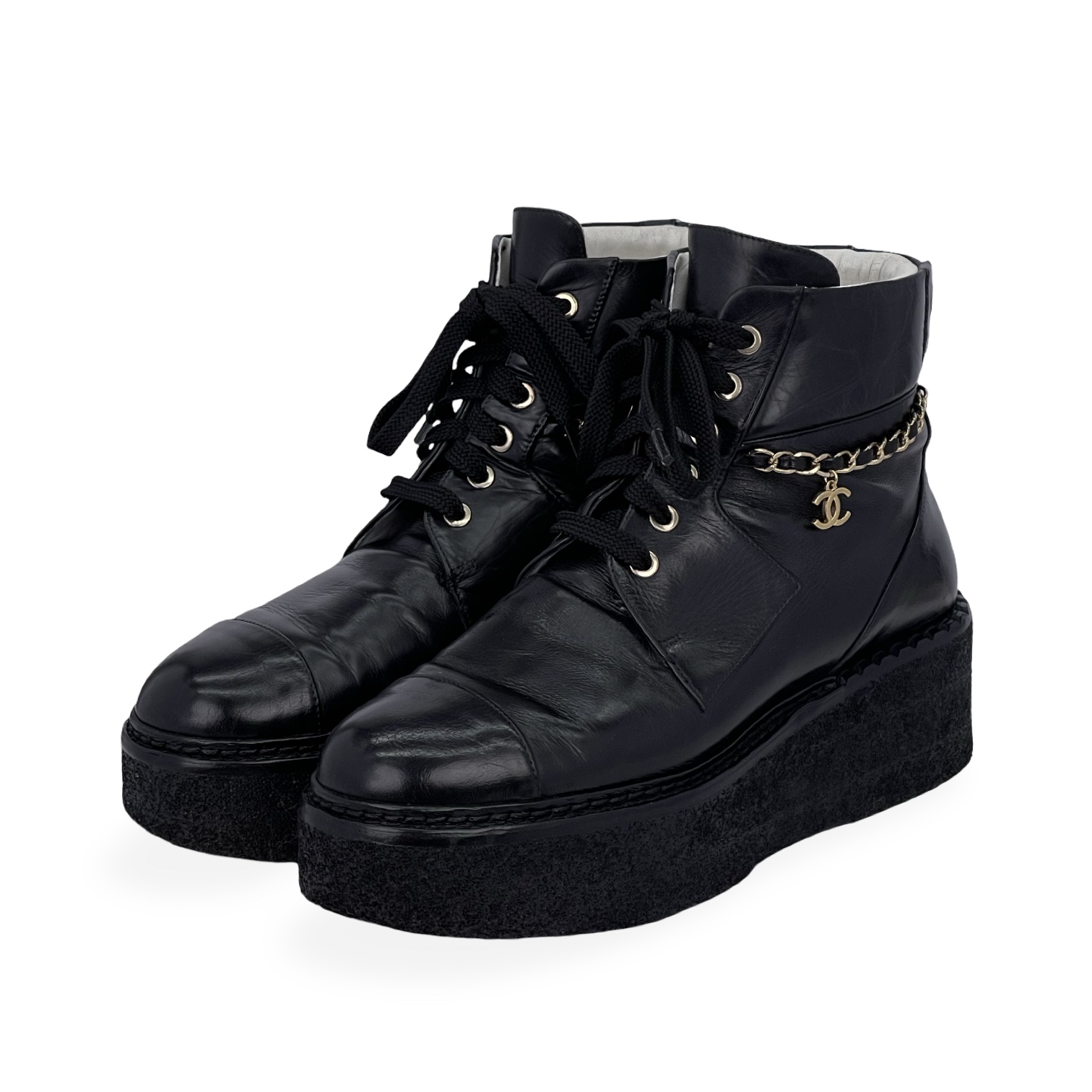 Chanel Black Leather Coco Mark Chain Platform Combat Boots 38 - CHANEL
