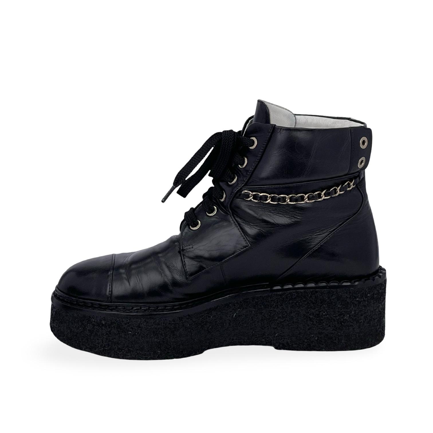 Chanel Black Leather Coco Mark Chain Platform Combat Boots 38 - CHANEL