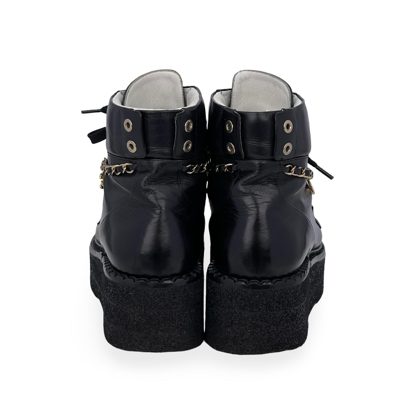 Chanel Black Leather Coco Mark Chain Platform Combat Boots 38 - CHANEL