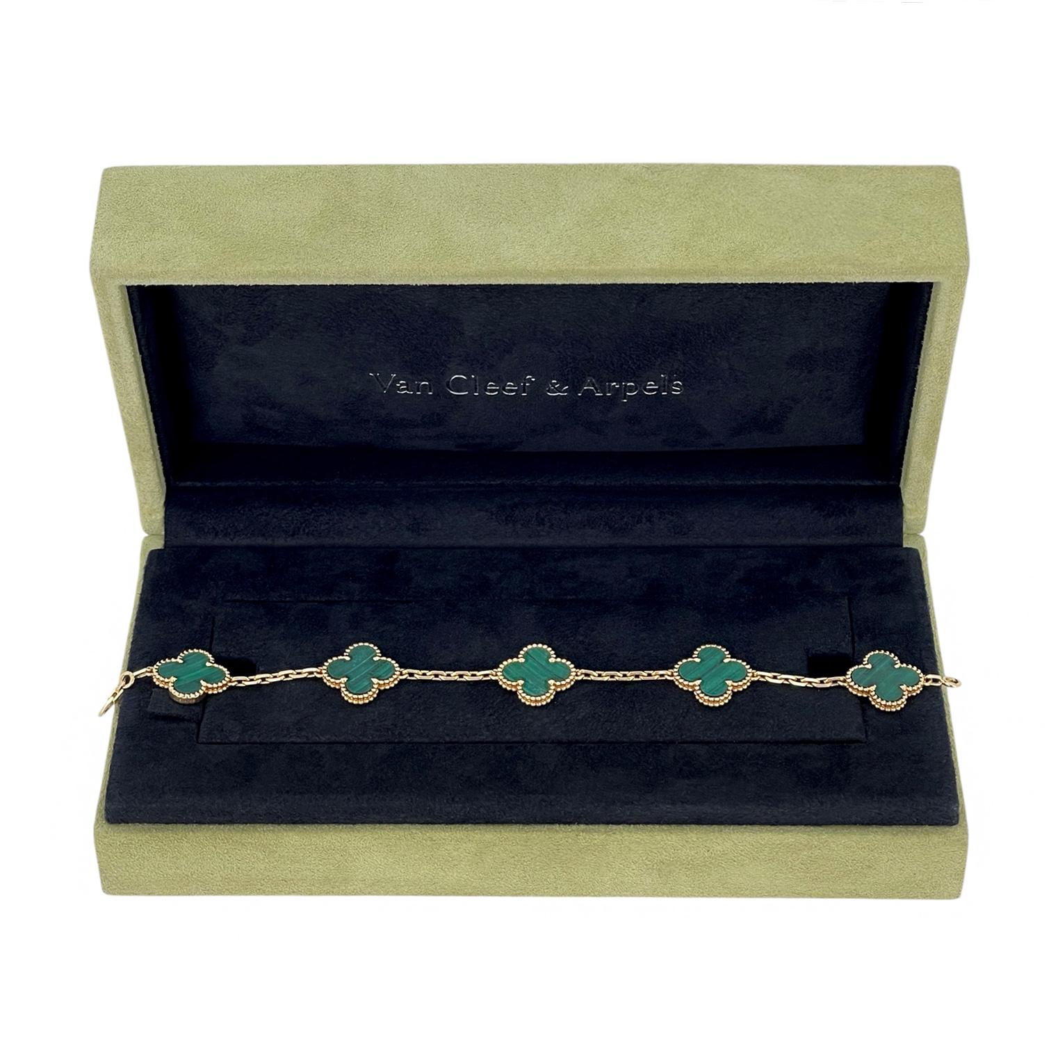 Van Cleef & Arpels Malachite Vintage Alhambra 5 Motifs Yellow Gold Bracelet