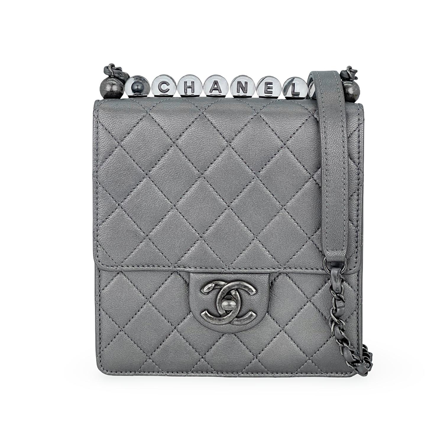 Chanel Metallic Grey Quilted Goatskin Chic Pearls Flap Bag