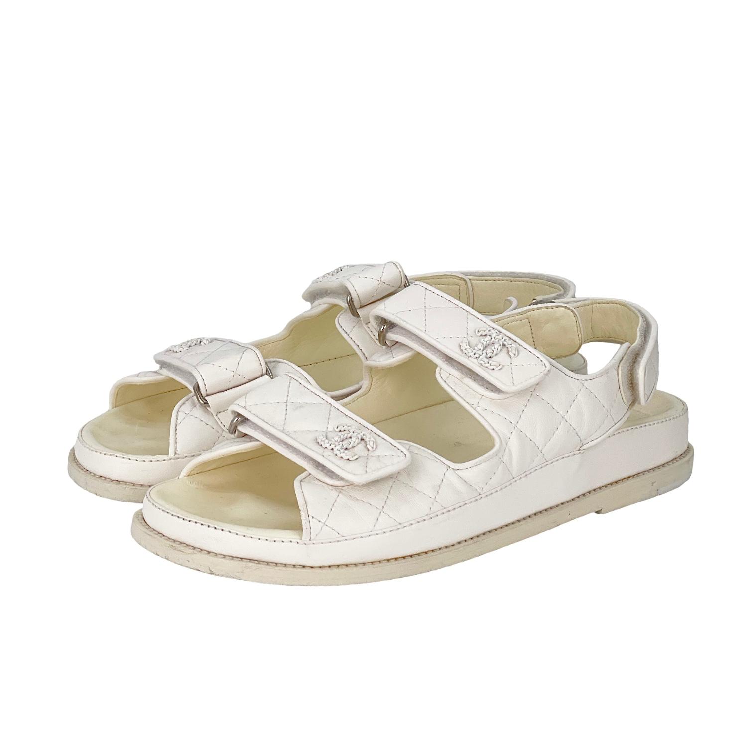 Chanel White Quilted Lambskin CC Dad Sandals 39
