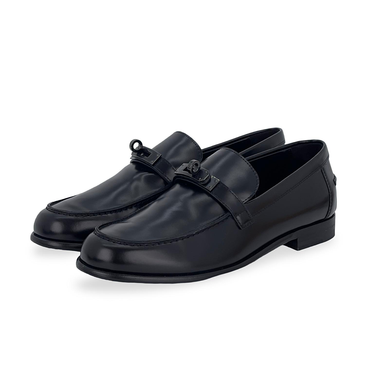 Hermes Noir Calfskin PVD Hardware Destin Loafers 38.5