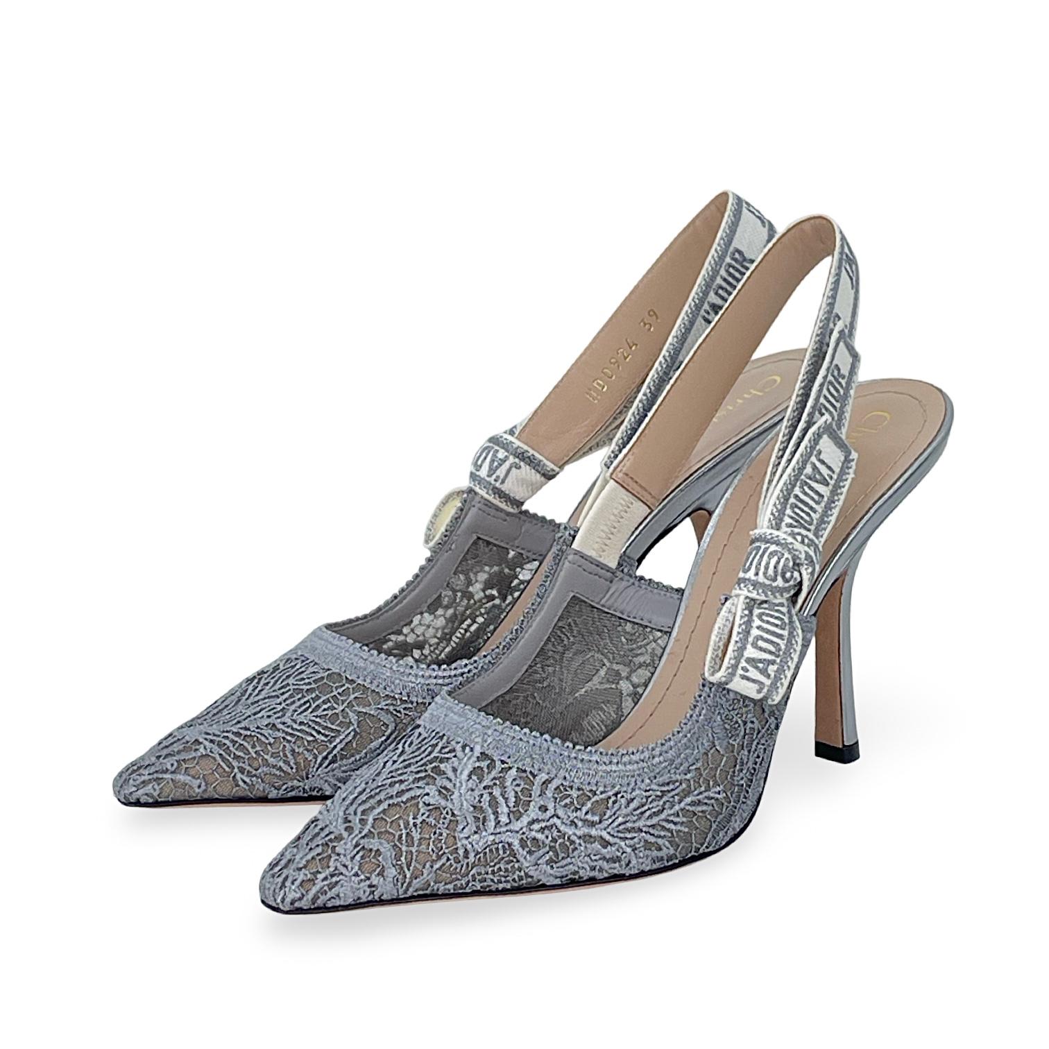 Christian Dior Grey Lace Leather J'Adior Slingback Pumps 39