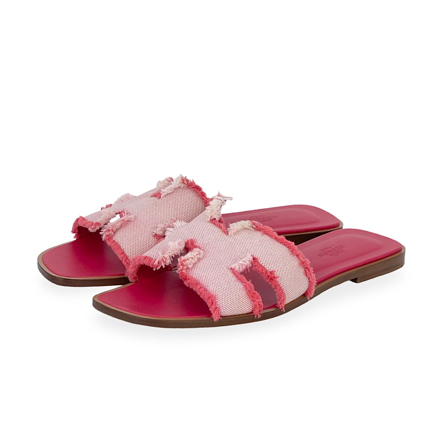 Hermes Framboise Fringed Canvas Oran Sandals 39