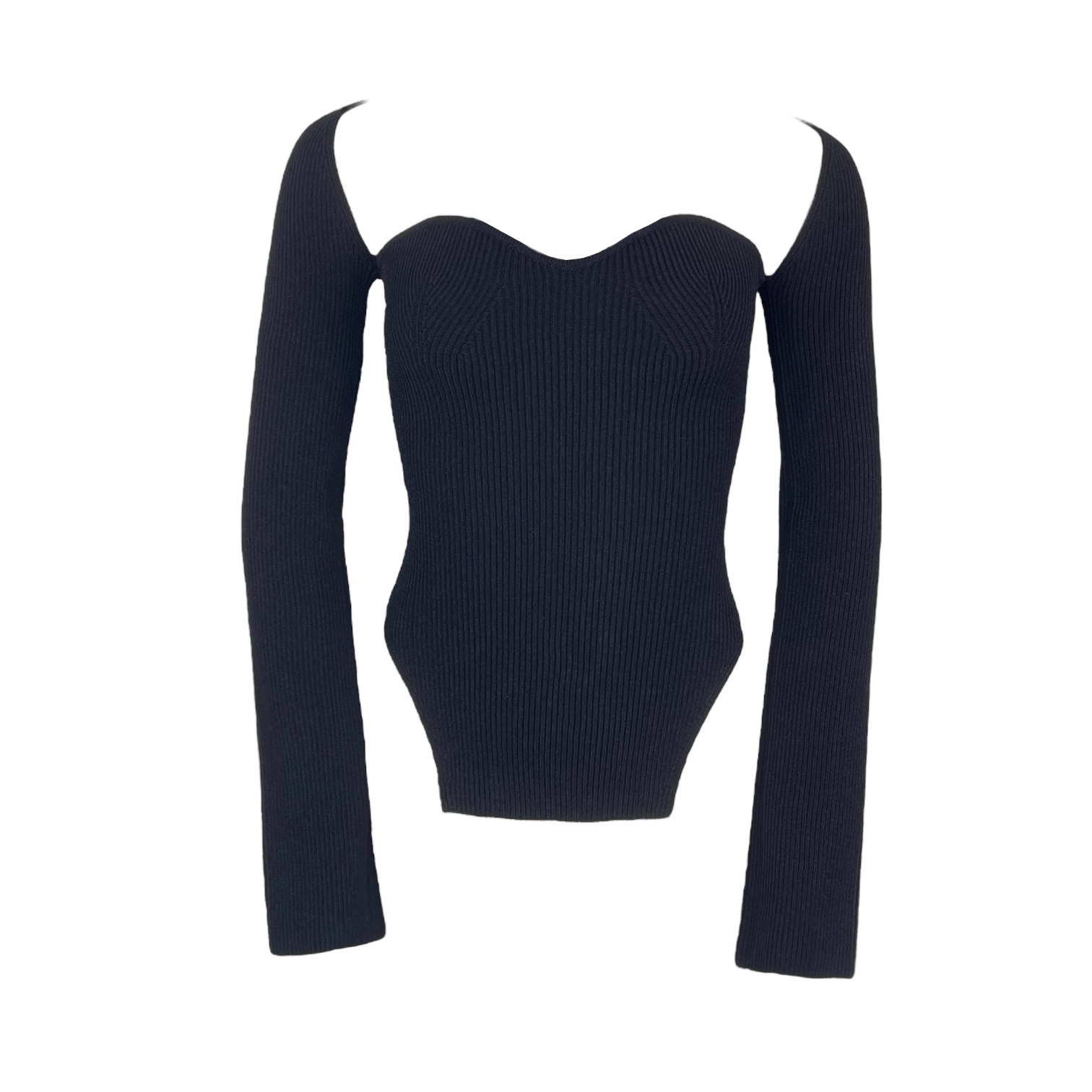 Khaite Black Rib Knit Sweerheart Neck Long Sleeve Top M