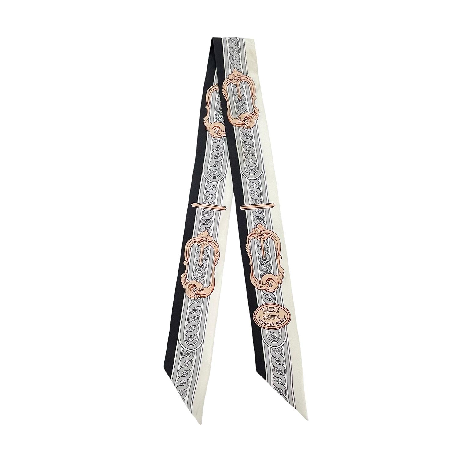 Hermes Black White Bride De Cour Silk Twilly Scarf