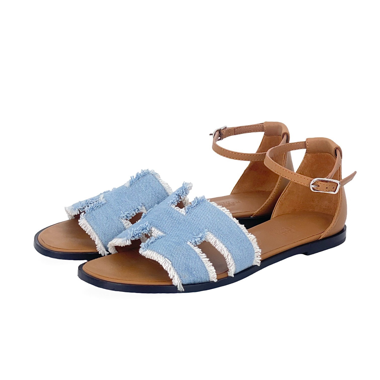 Hermes Bleu Clair Fringed Denim Santorini Sandals 39.5