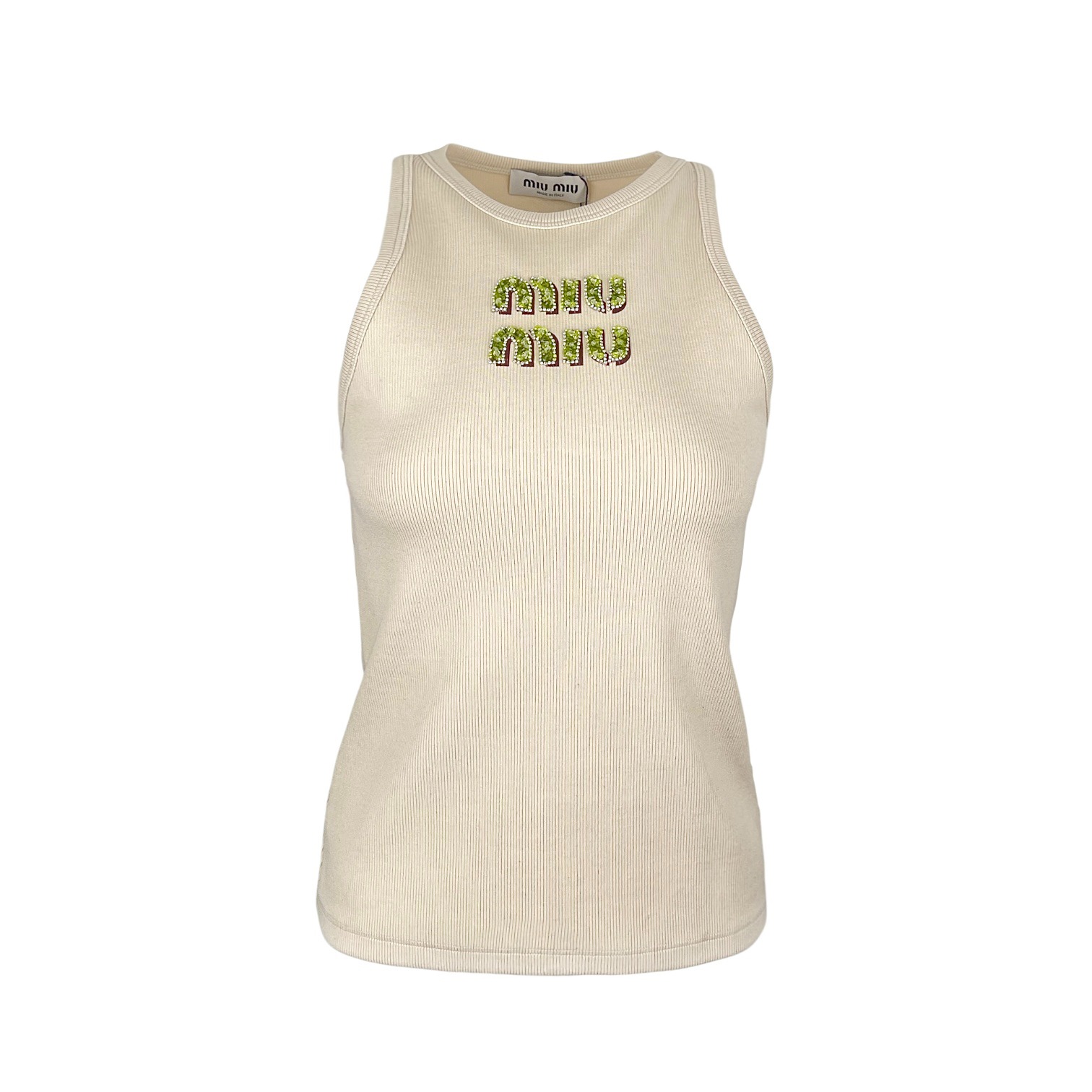 Miu Miu Beige Fern Green Embroidered Logo Ribbed Jersey Top XS