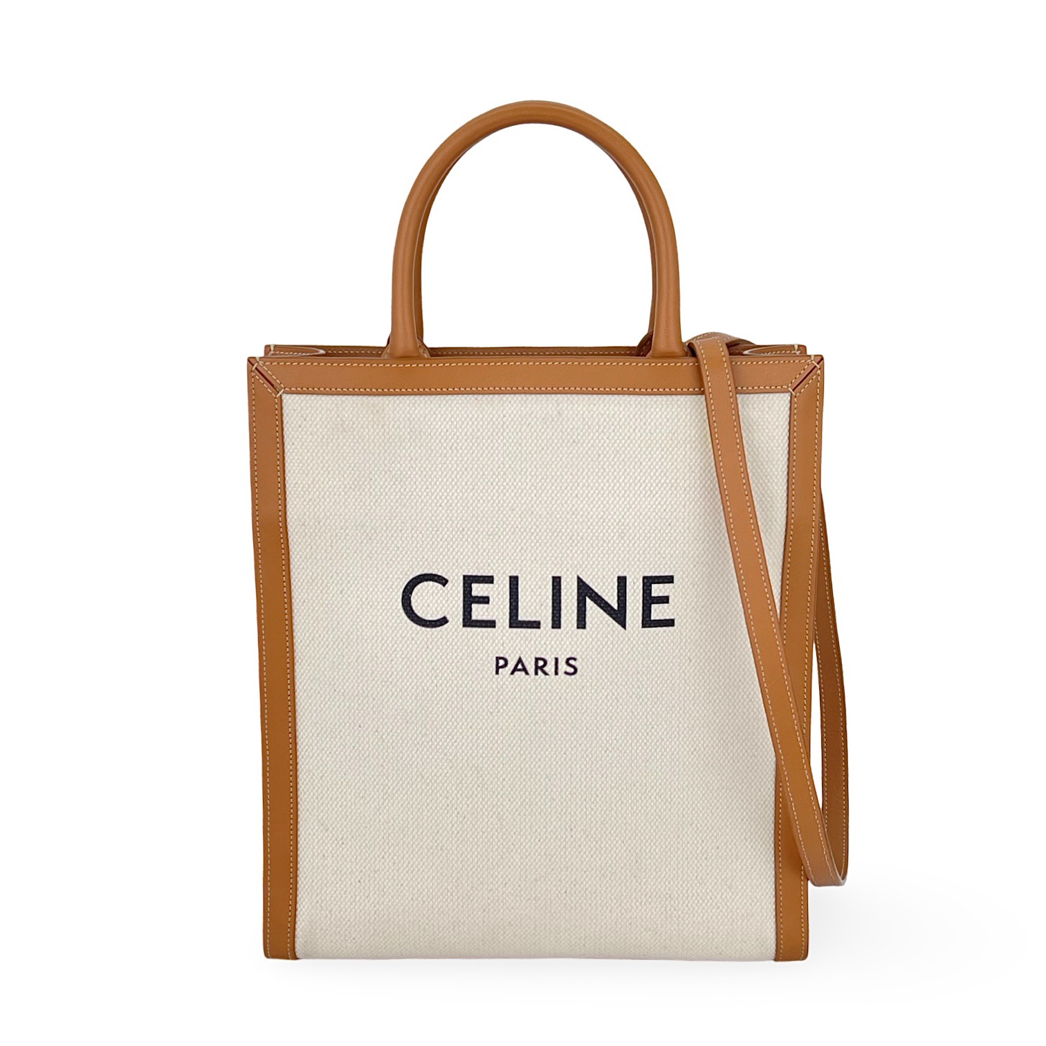 Celine Beige Brown Canvas Leather Vertical Cabas Small Tote Bag