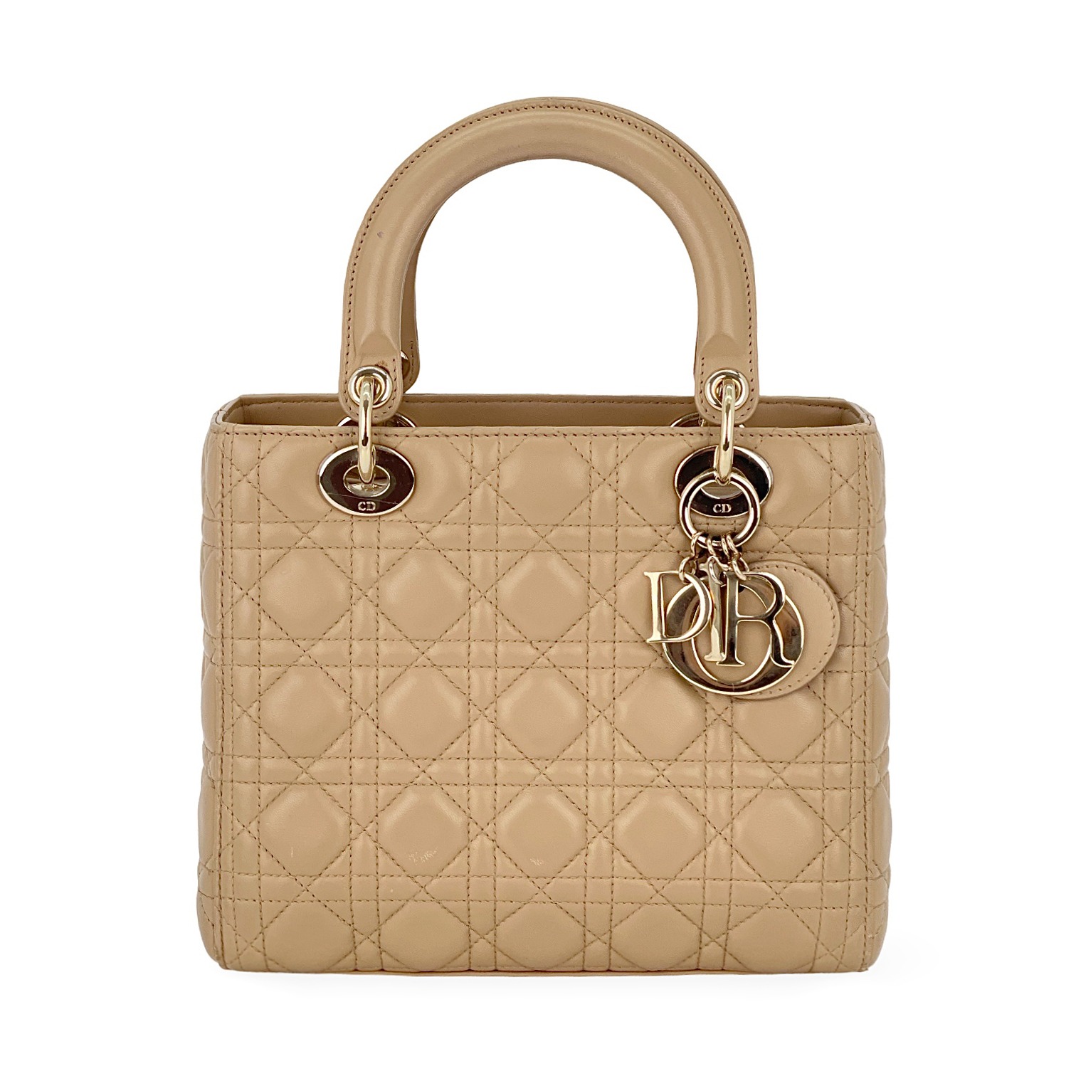 Christian Dior Beige Lambskin Light Gold Hardware Medium Lady Dior Bag