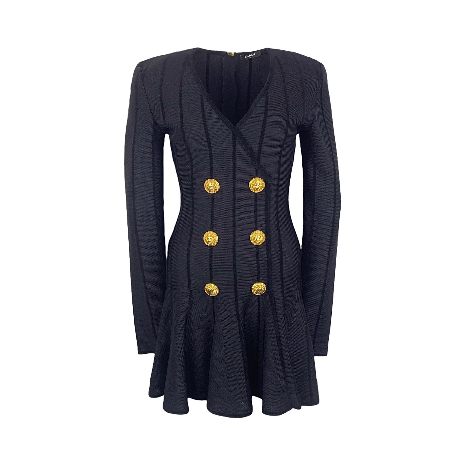 Balmain Black Gold Button Embellished Striped Mesh Mini Dress 38