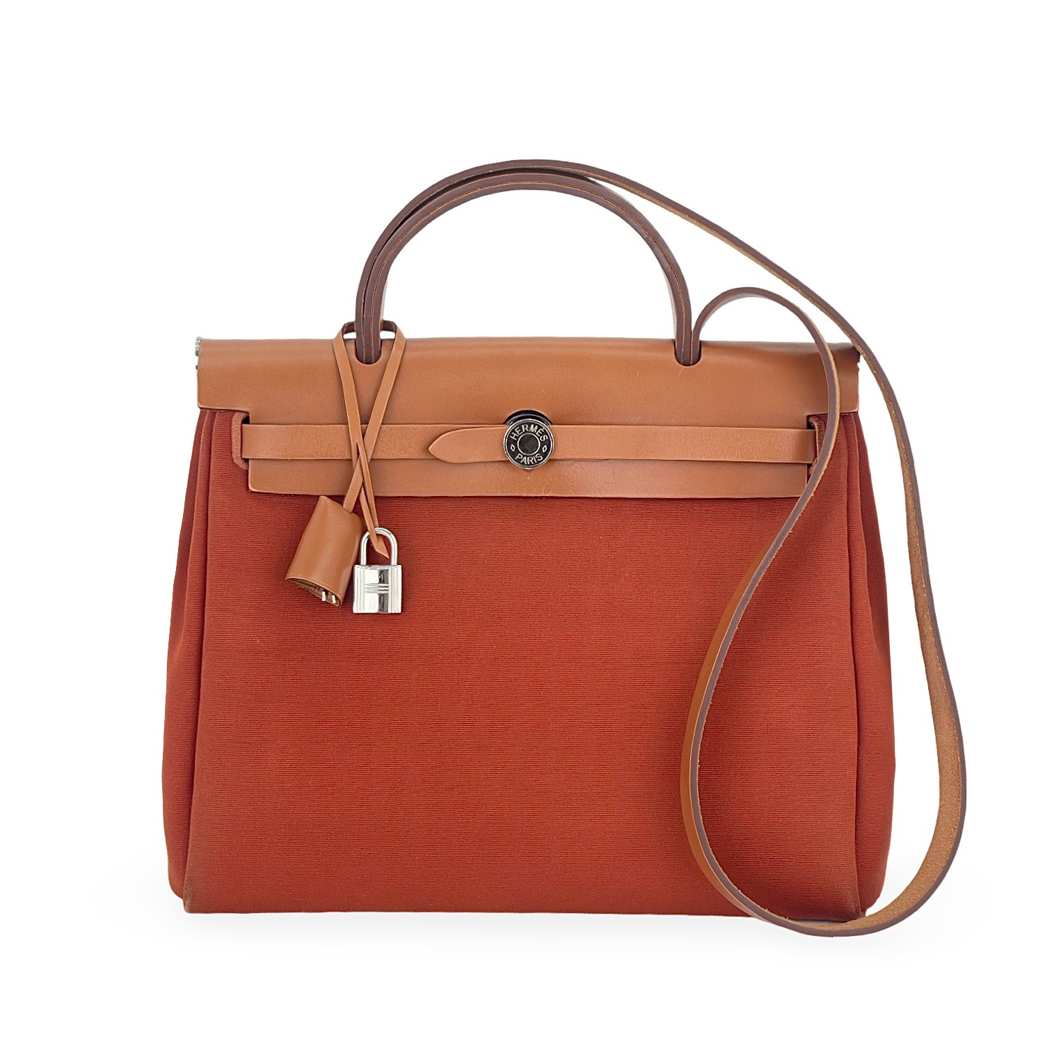 Hermes Toile Canvas Vache Hunter Leather Palladium Hardware Cuivre Orange Mecano Fauve Zip Herbag 31