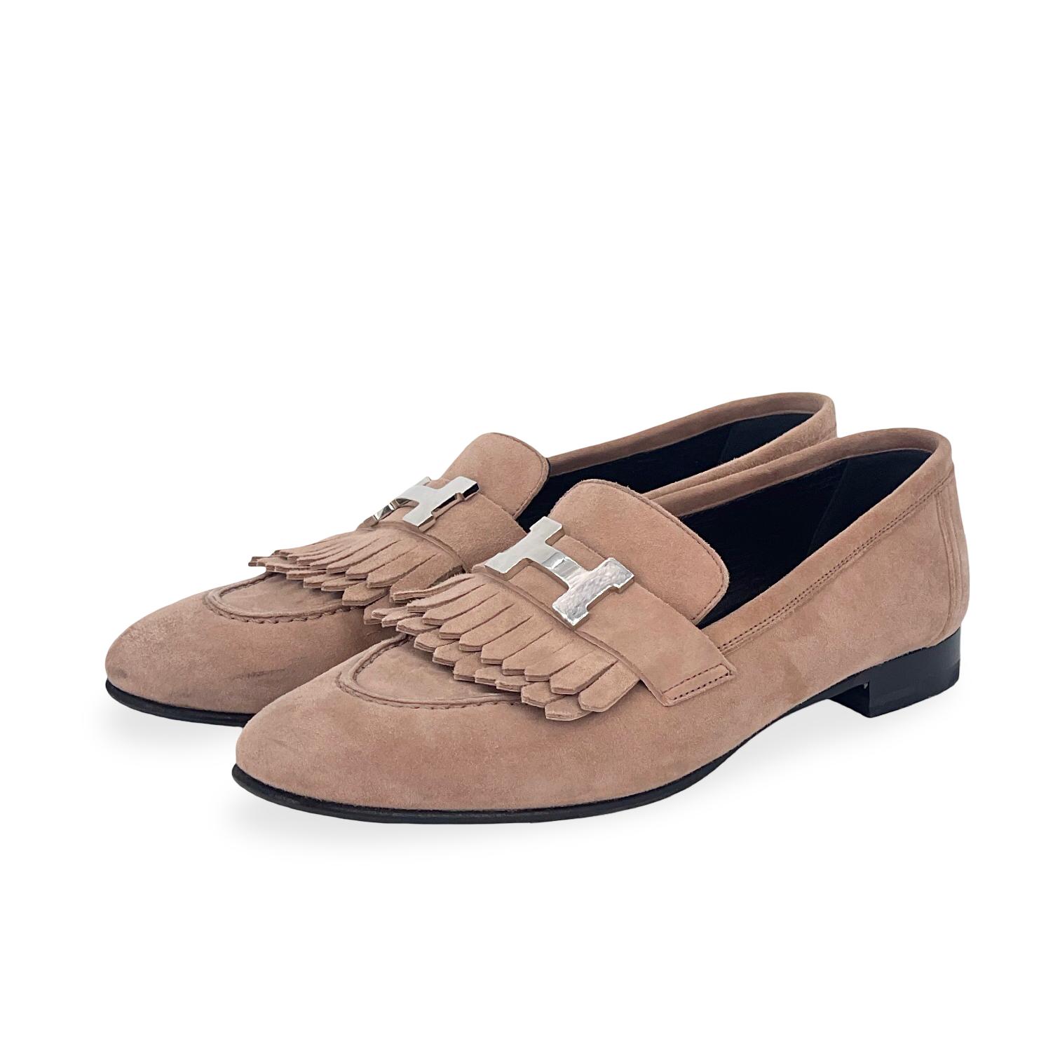 Hermes Rose Perle Suede Palladium Hardware Royal Loafer 37.5