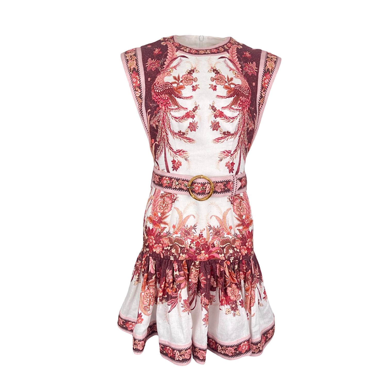 Zimmermann Wavelength Linen Phoenix Fluted Belted Mini Dress 0