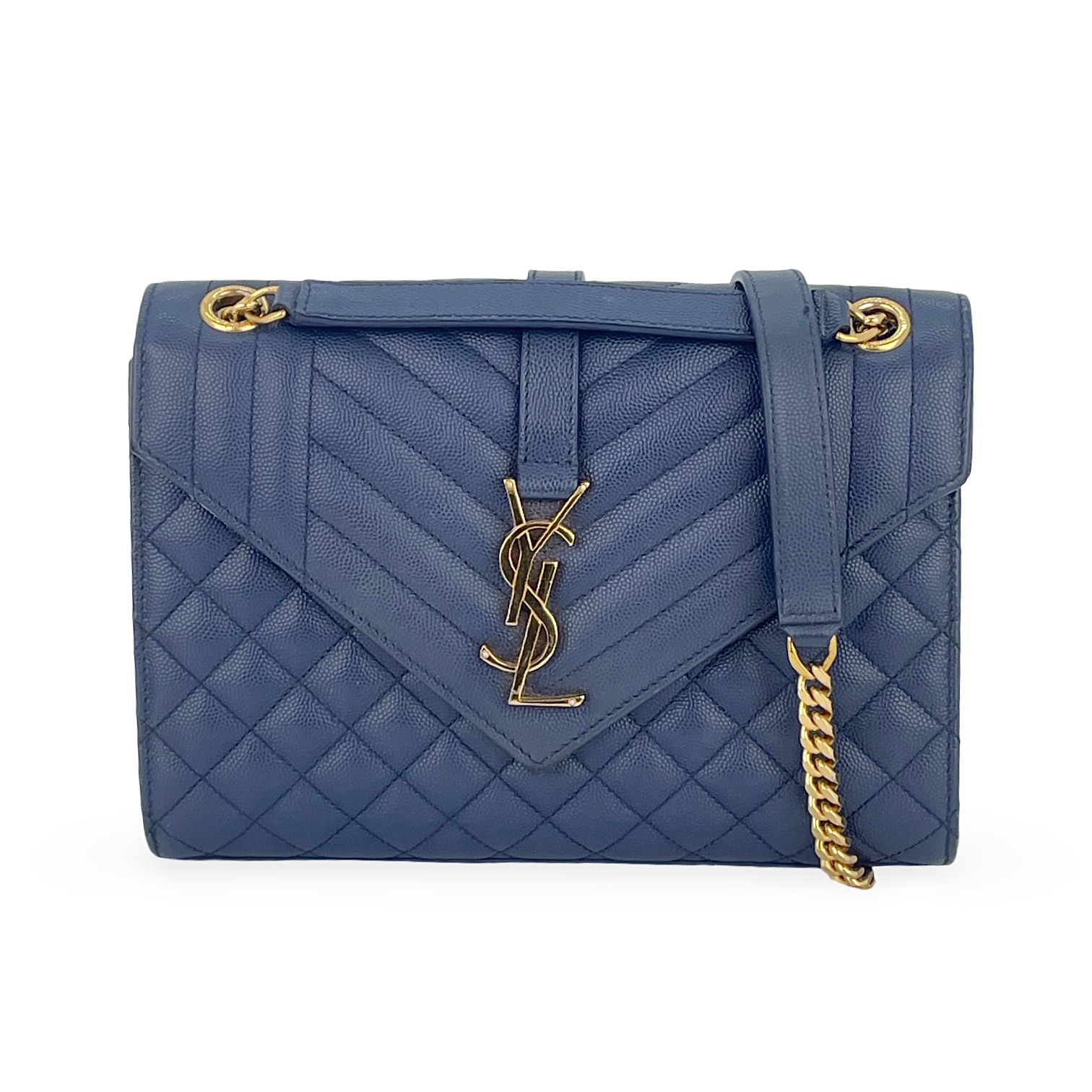 Saint Laurent Navy Blue Quilted Grain De Poudre Leather Gold Chain Medium Envelope Shoulder Bag