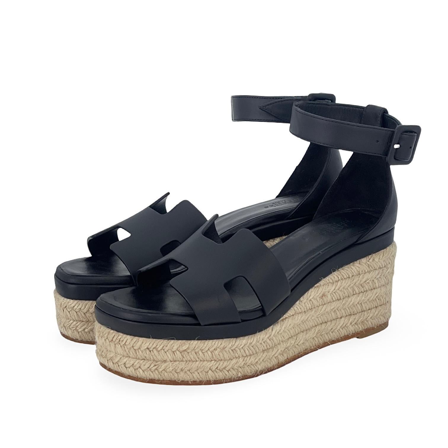Hermes Noir Calfskin Elda Espadrille Sandals 37