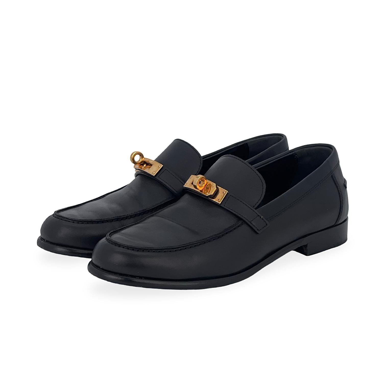 Hermes Noir Calfskin Gold Hardware Destin Loafers 38