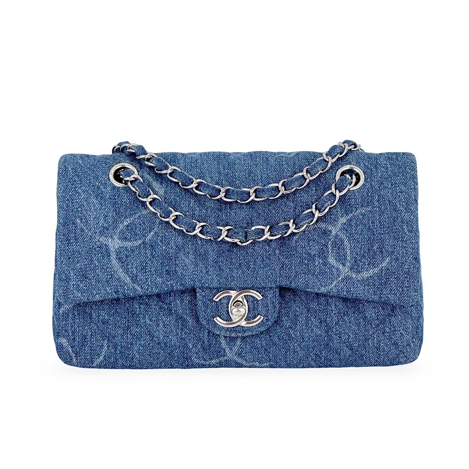 Chanel Blue Quilted Denim CC Silver Hardware Classic Medium Single Flap Bag