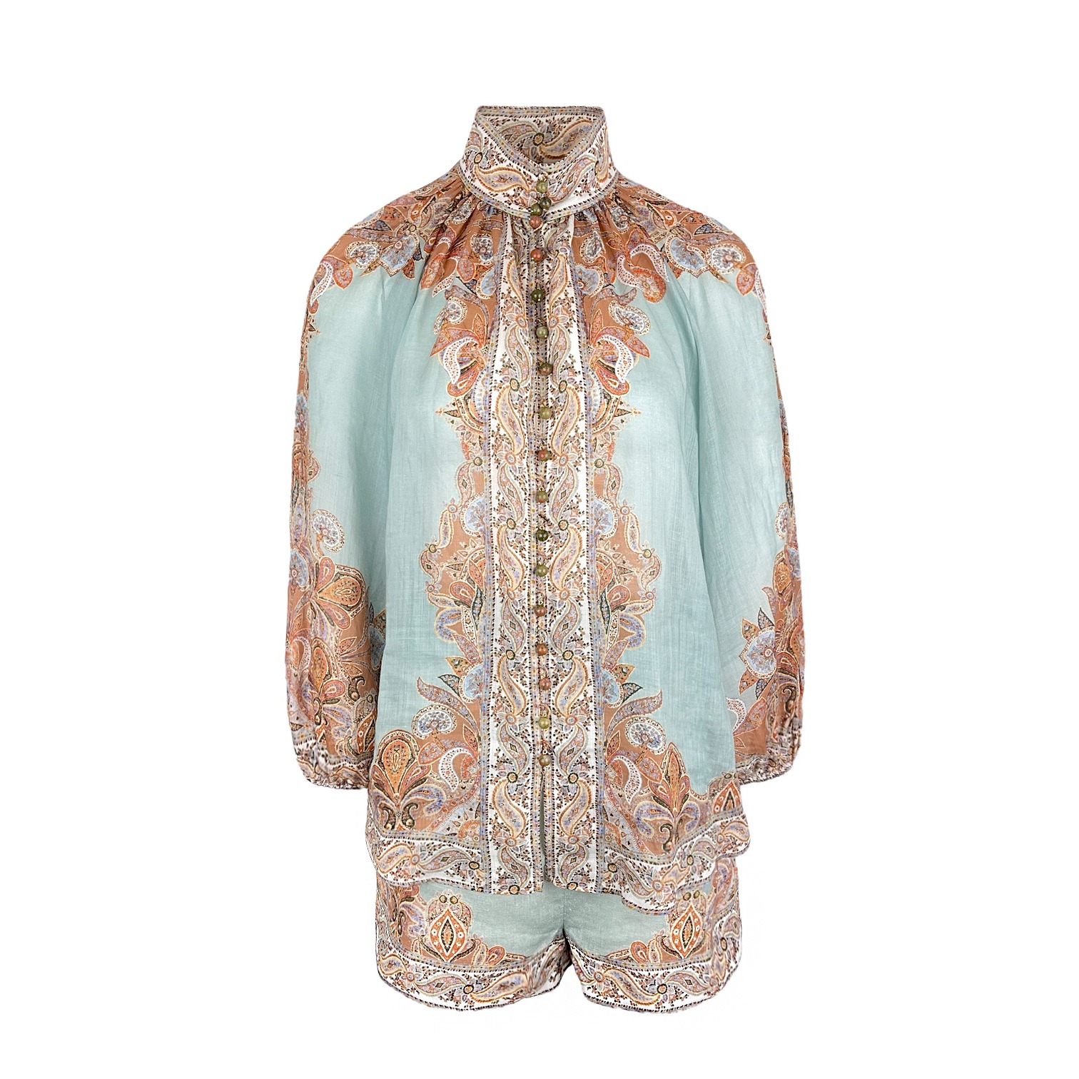 Zimmermann Light Blue Printed Ramie Button Front Blouse 2 Shorts 1