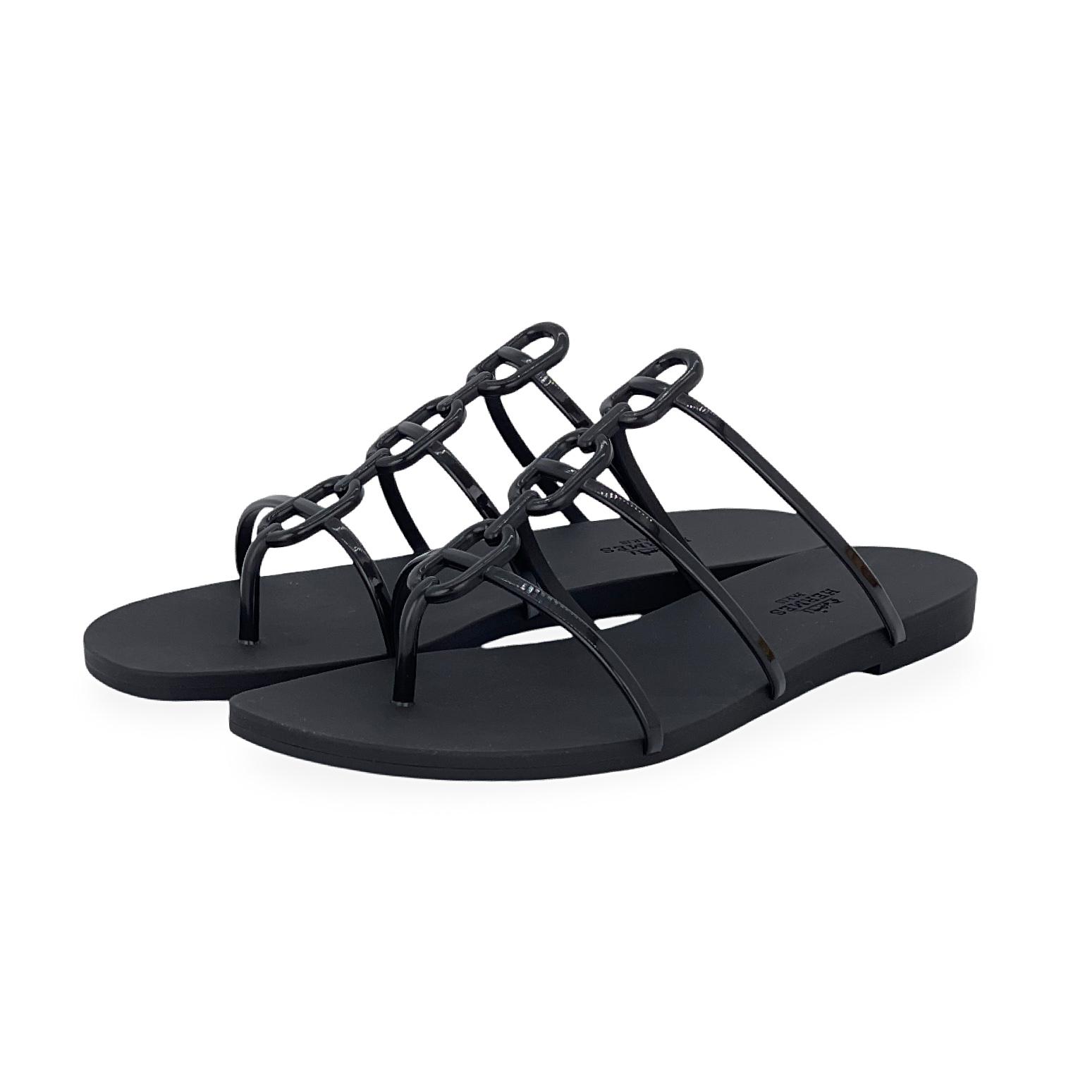Hermes Noir Rubber Chaine Dancre Mykonos Sandals 39
