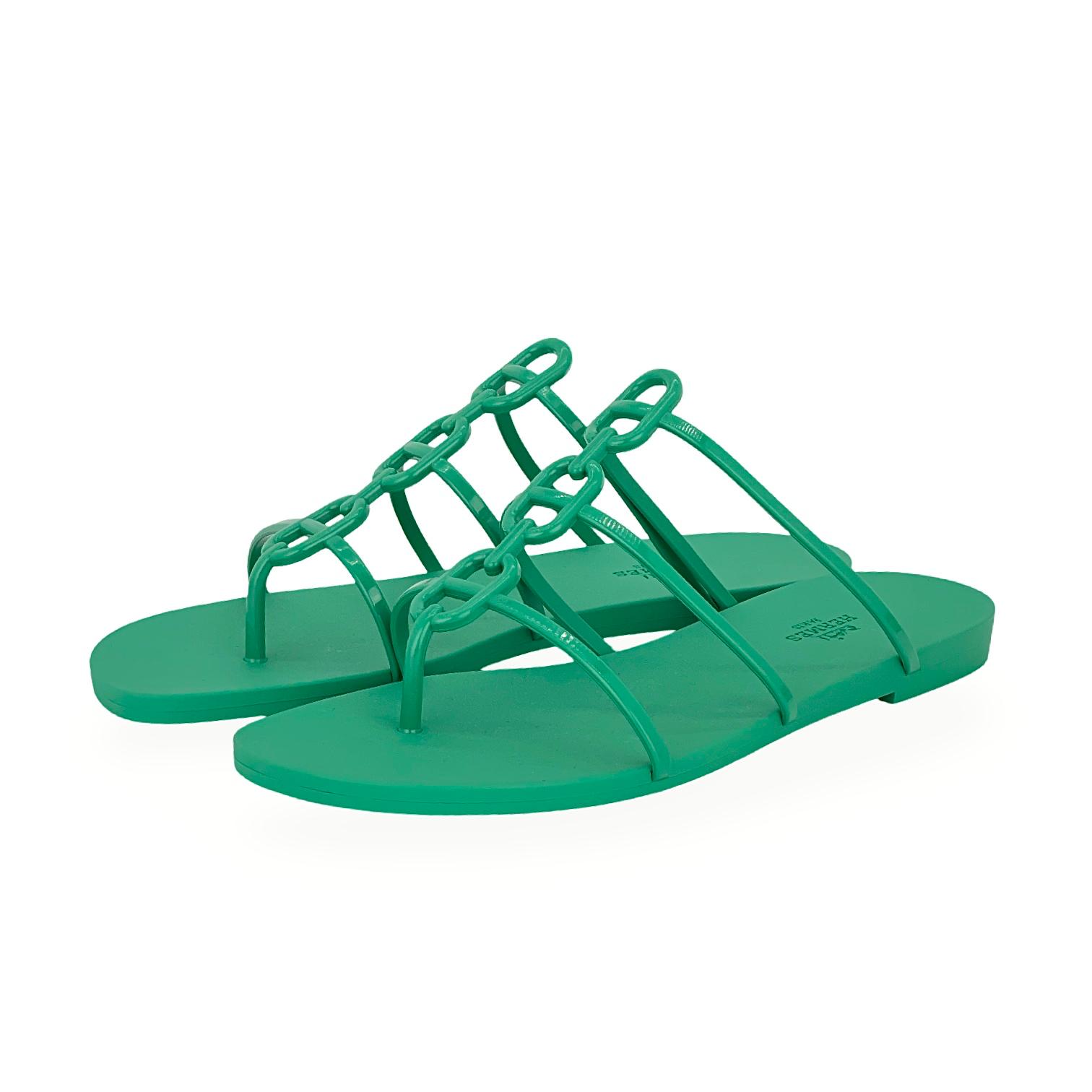 Hermes Vert Tourmaline Rubber Chaine Dancre Mykonos Sandals 39