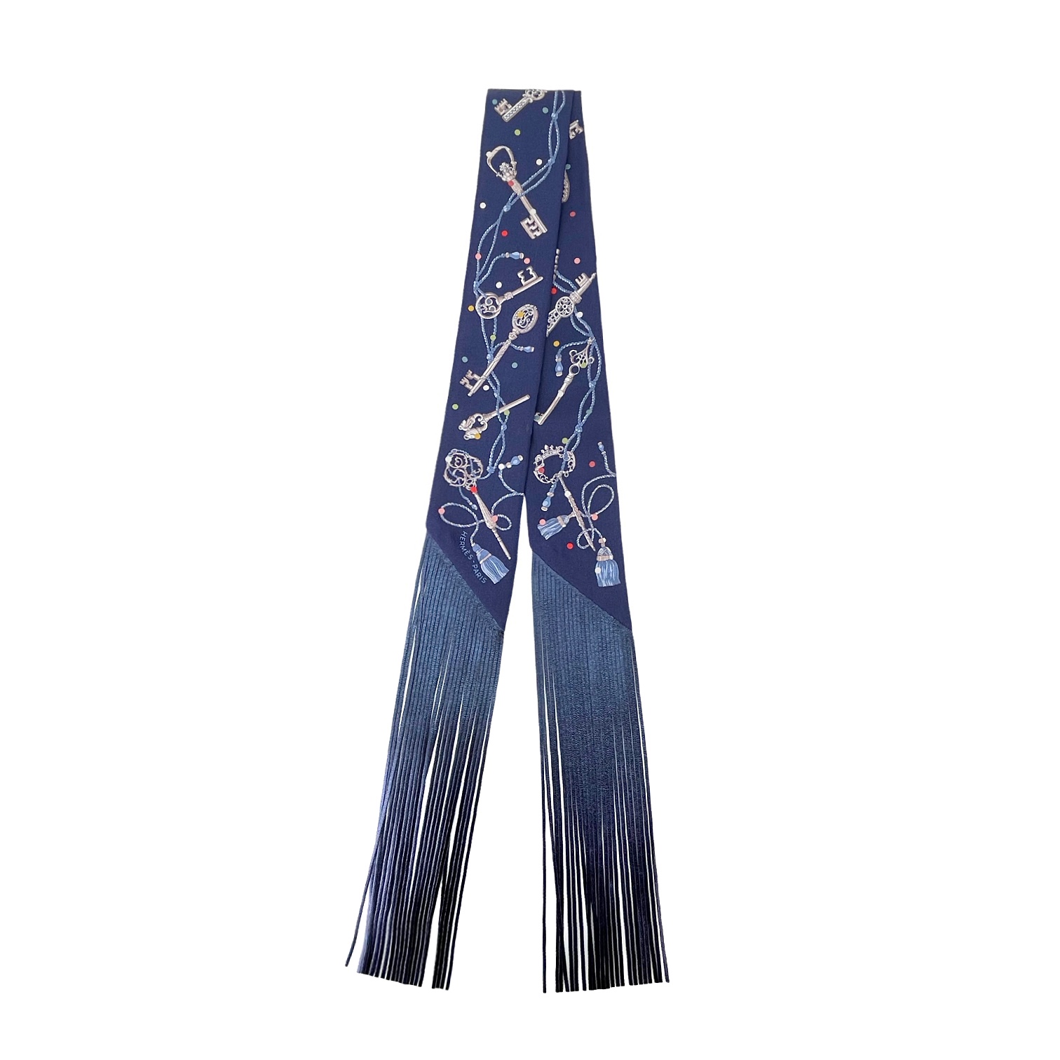 Hermes Bleu Marine Gris Argent Multicolor Les Cles A Pois Leather Fringes Silk Twilly Scarf