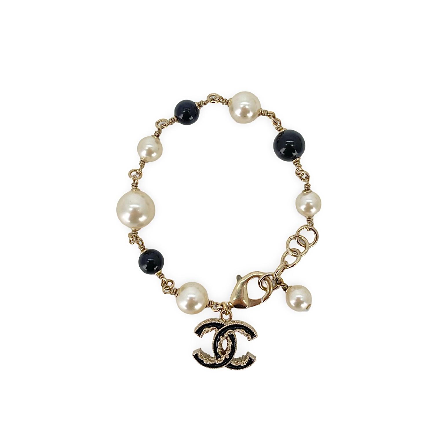 Chanel Black White Bead Pearl CC Logo Bracelet