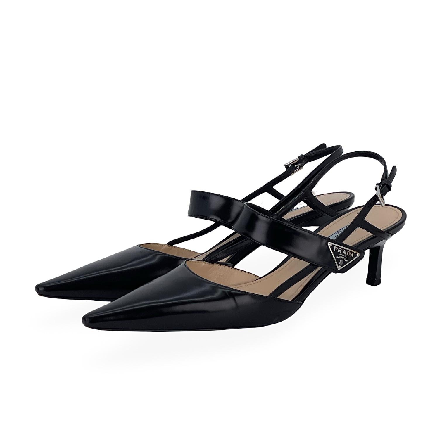 Prada Black Brushed Leather Triangle Logo Slingback Pumps 40