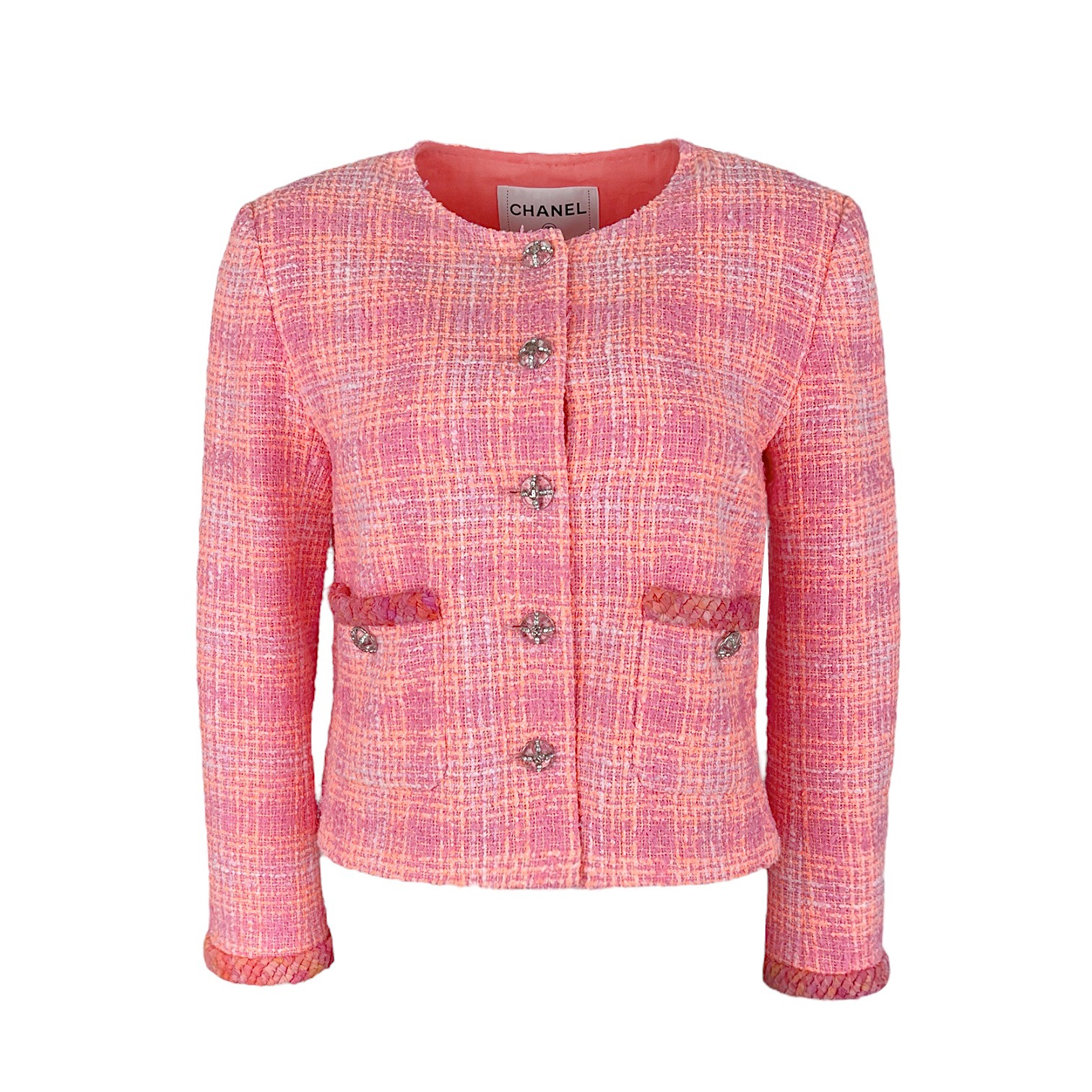 Chanel Pink Orange Collarless Cotton Tweed 2024 Jacket 36