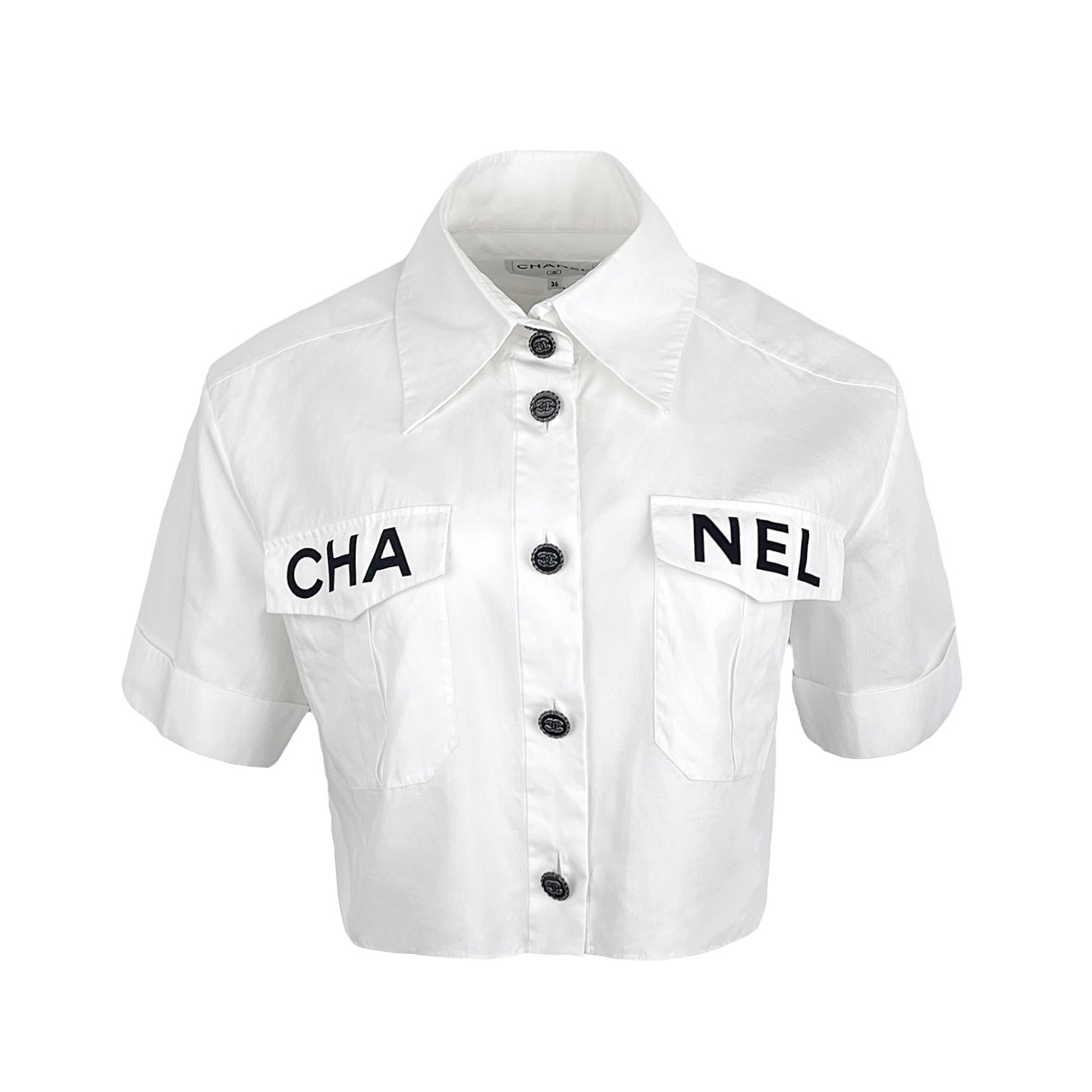 Chanel White Black Logo Printed Cotton Button Front Cropped Shirt 36