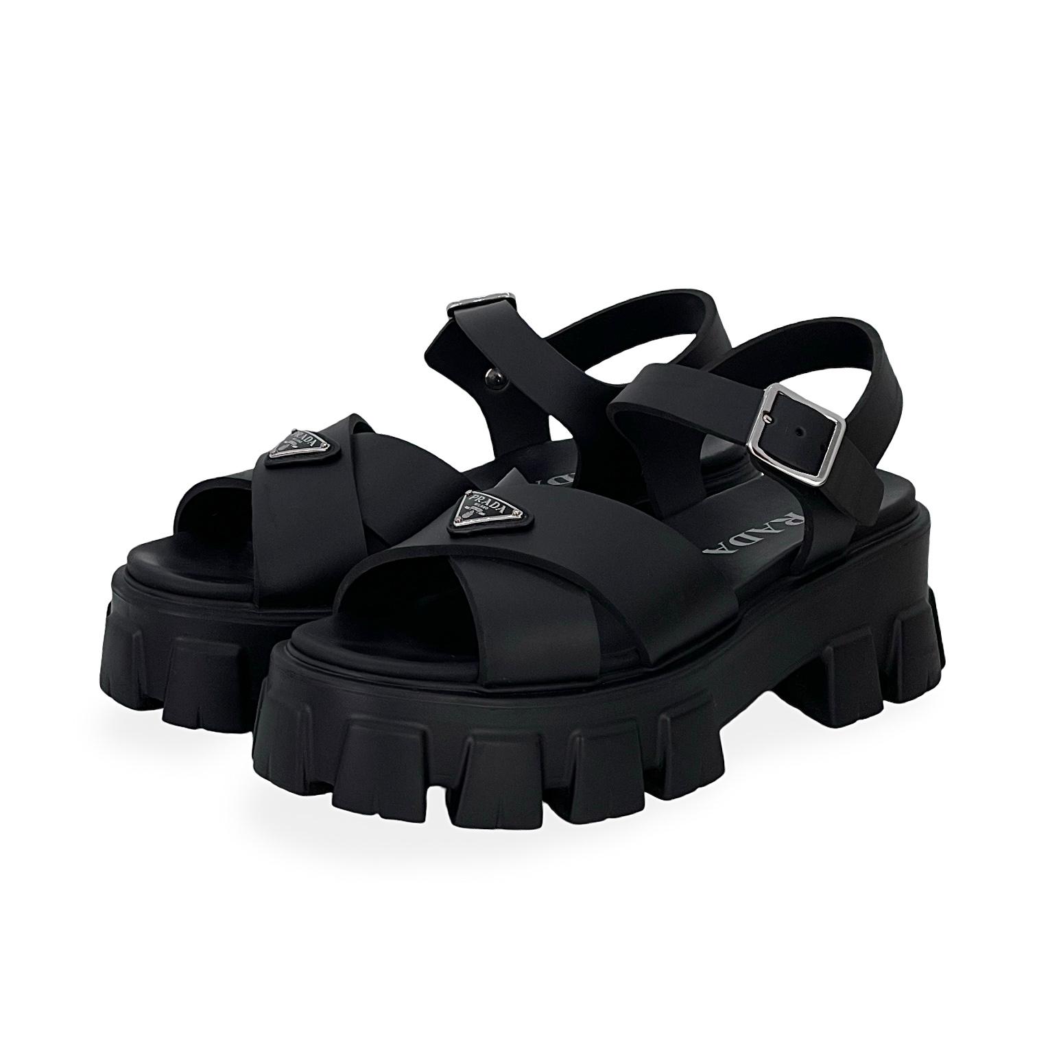 Prada Black Rubber Sporty Monolith Sandals 38