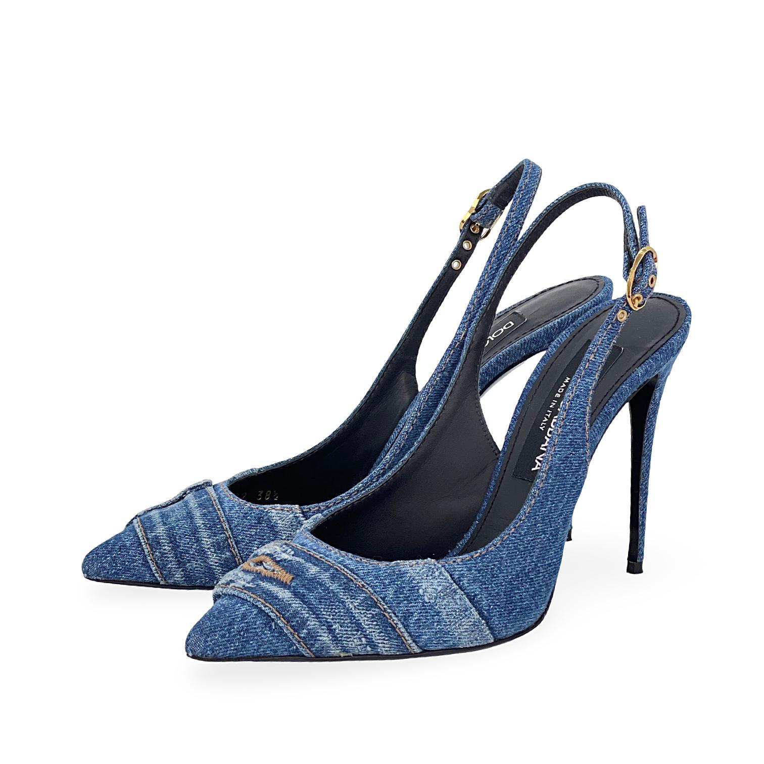Dolce Gabbana Blue Denim Patchwork Slingback Pumps 38.5