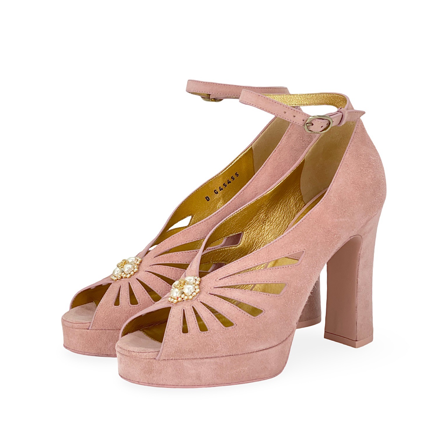 Chanel Pink Suede Pearl Shamrock CC Heeled Sandals 38