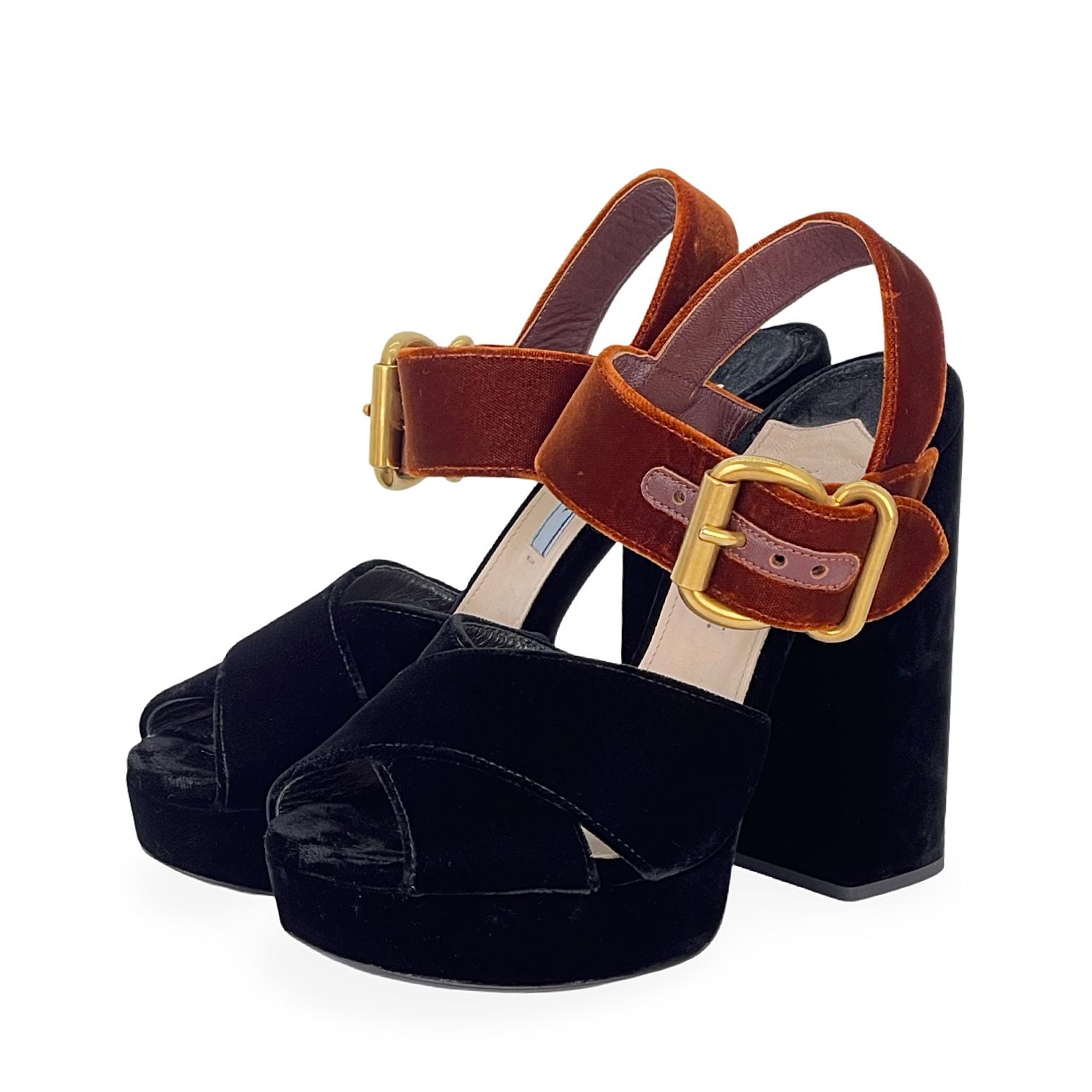 Prada Black Cinnamon Velvet Criss Cross Platform Sandals 36.5