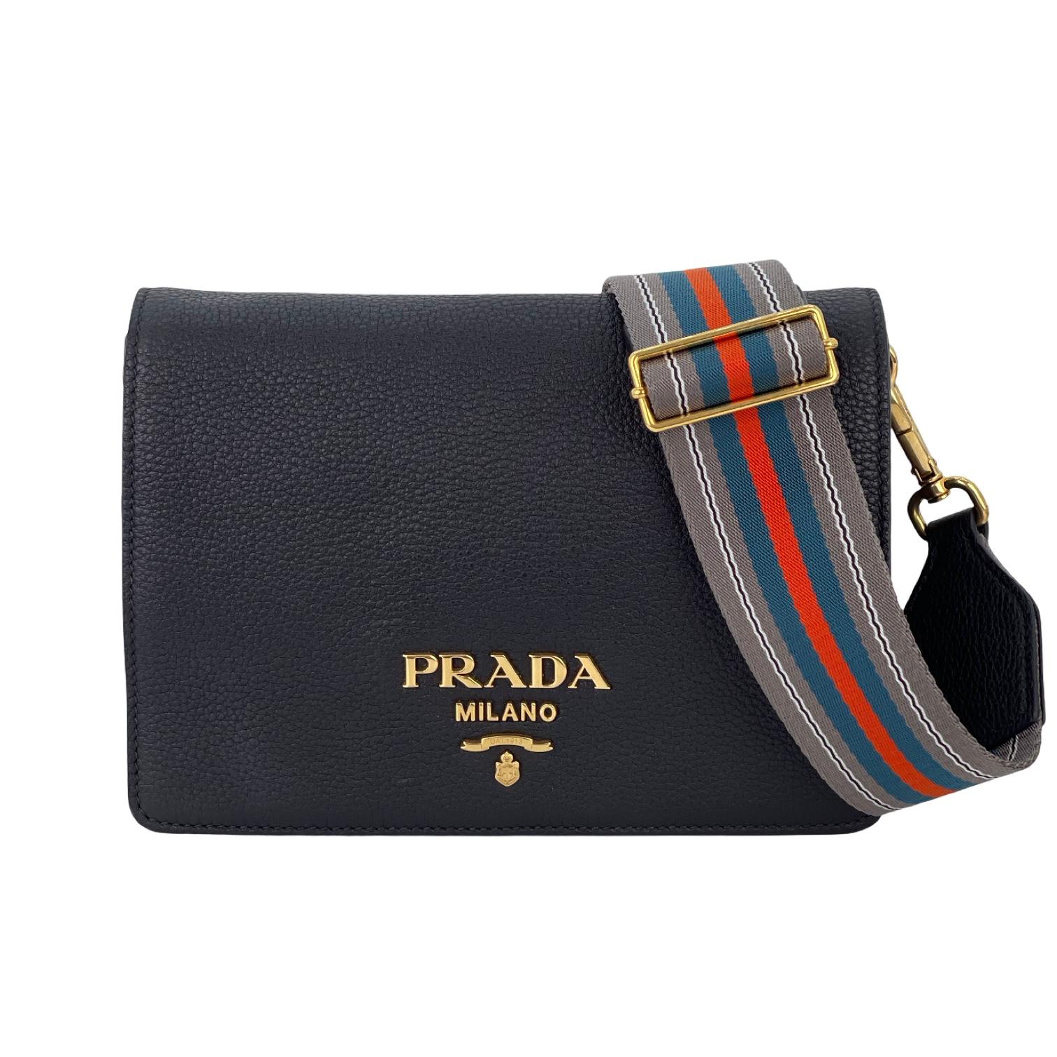 Prada Black Vitello Daino Leather Double Strap Flap Bag
