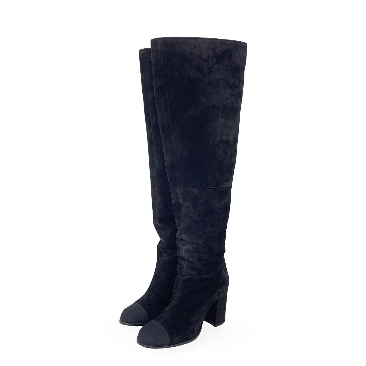 Chanel Black Suede Grosgrain CC High Boots 37