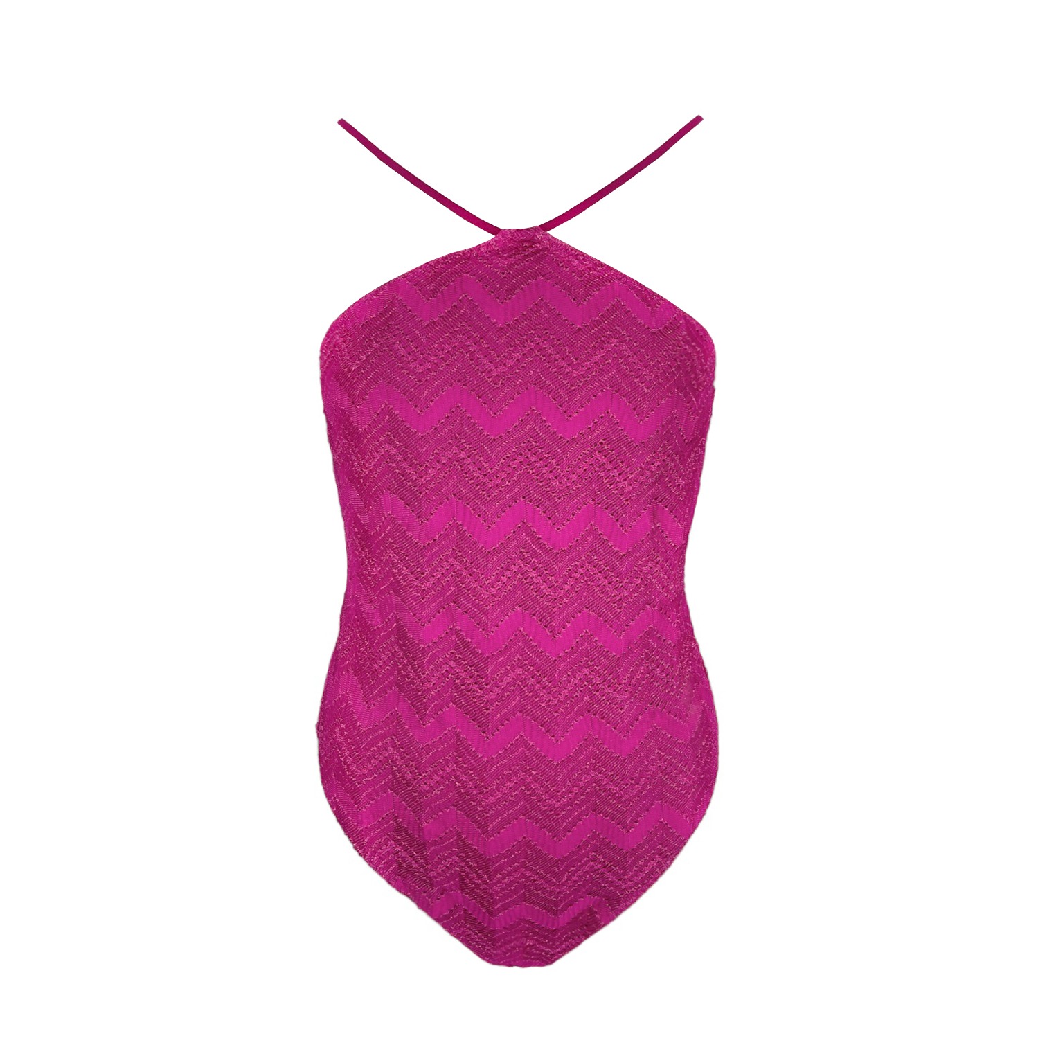 Missoni Purple Zigzag Lame Viscose Halter Neck One Piece Swimsuit IT44