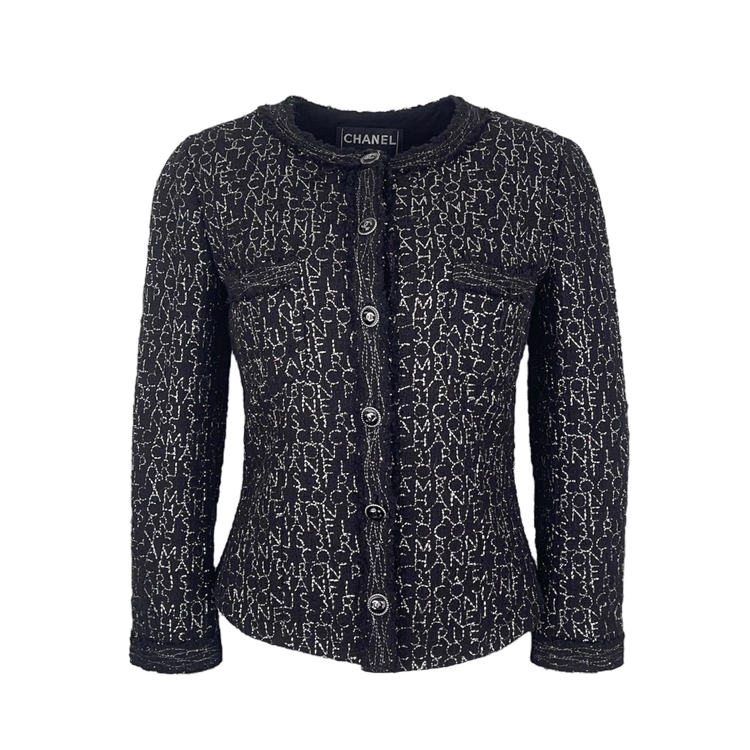 Chanel Black Silver Round Neck Coco Letter Print 2007 Jacket 38