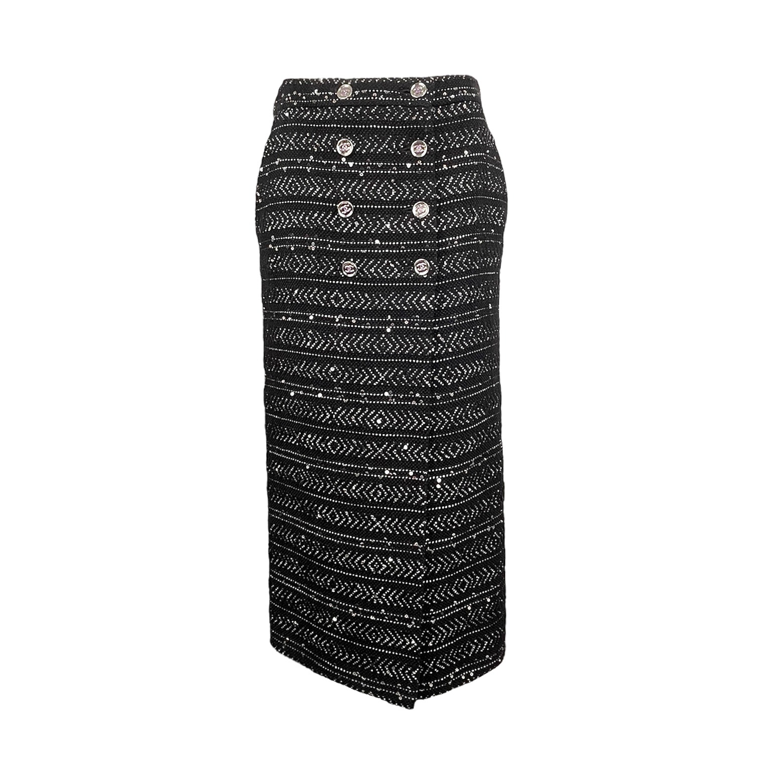 Chanel Black Silver Tweed Sequin CC Button 2023 Skirt 36
