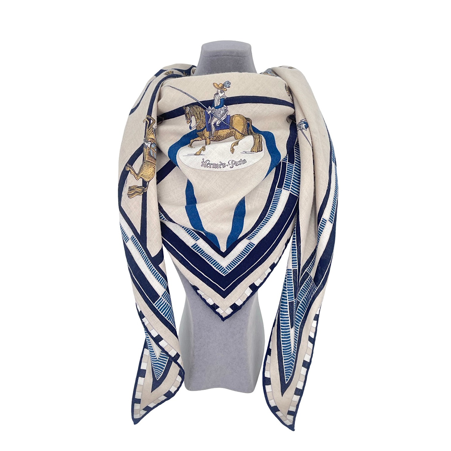 Hermes Beige Blanc Marine Cashmere Silk Passades Et Serpentines Giant Triangle Scarf