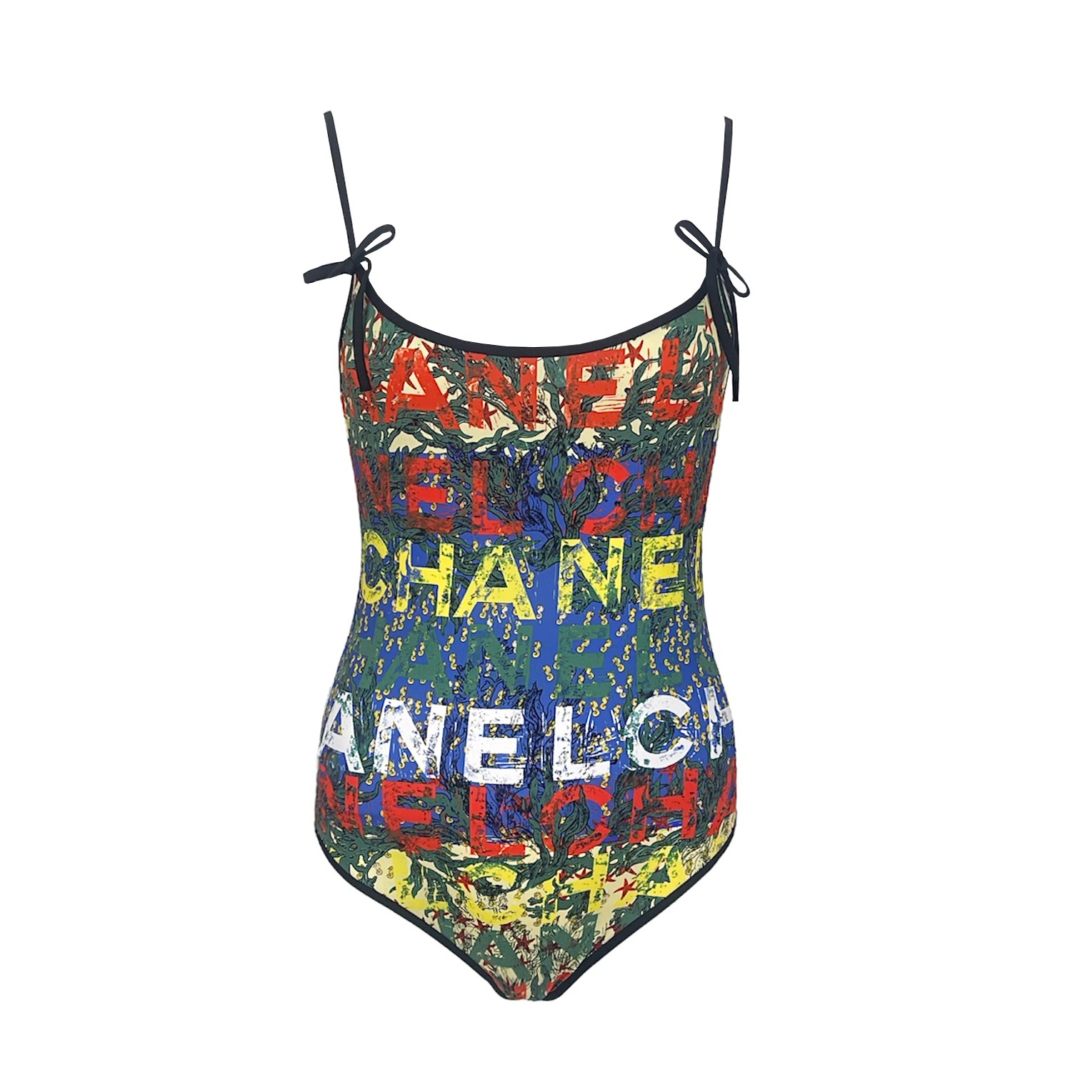 Chanel Multicolor Logo Print Stretch Jersey One Piece Coco Beach 2026 Swimsuit 36