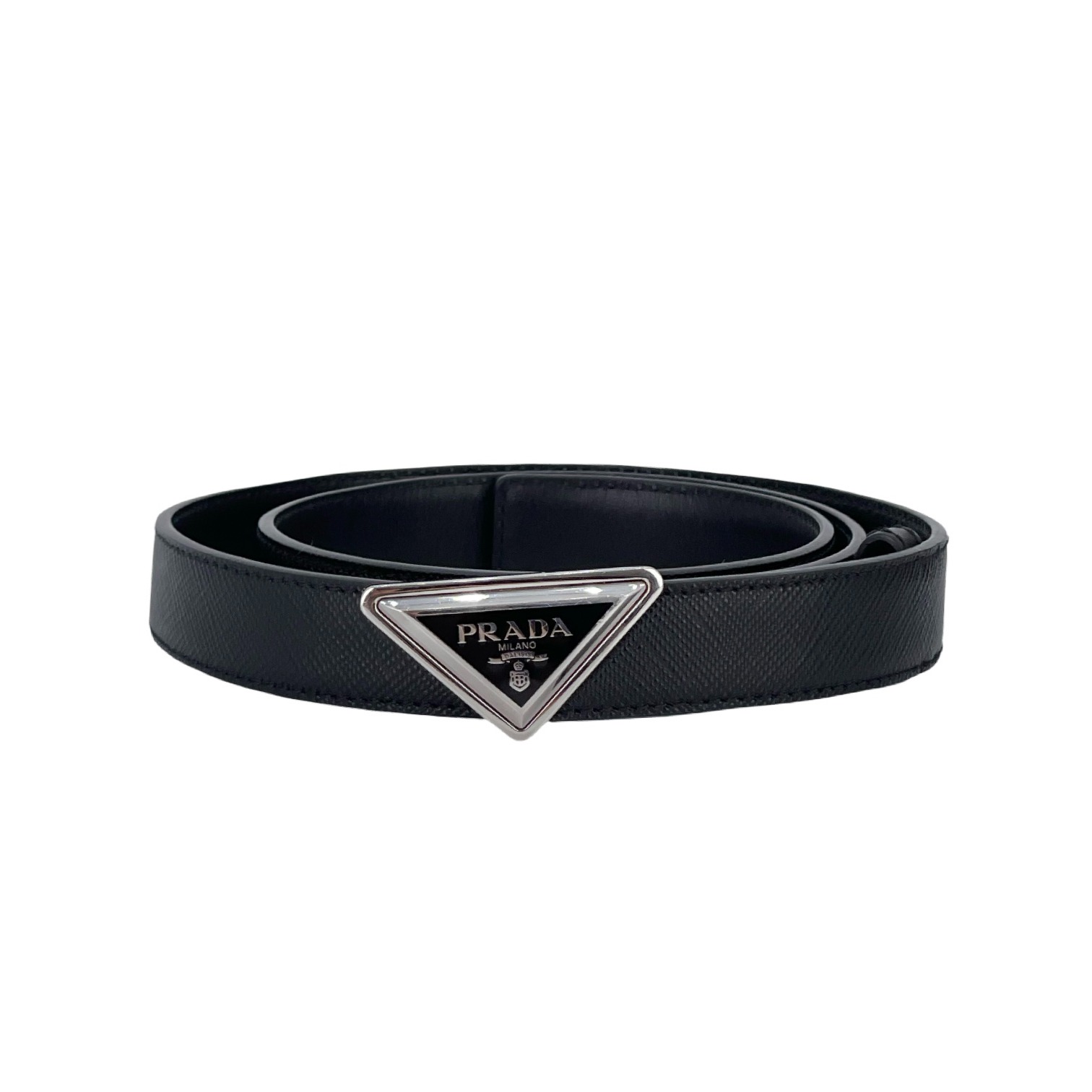 Prada Black Saffiano Leather Triangle Logo Belt 75