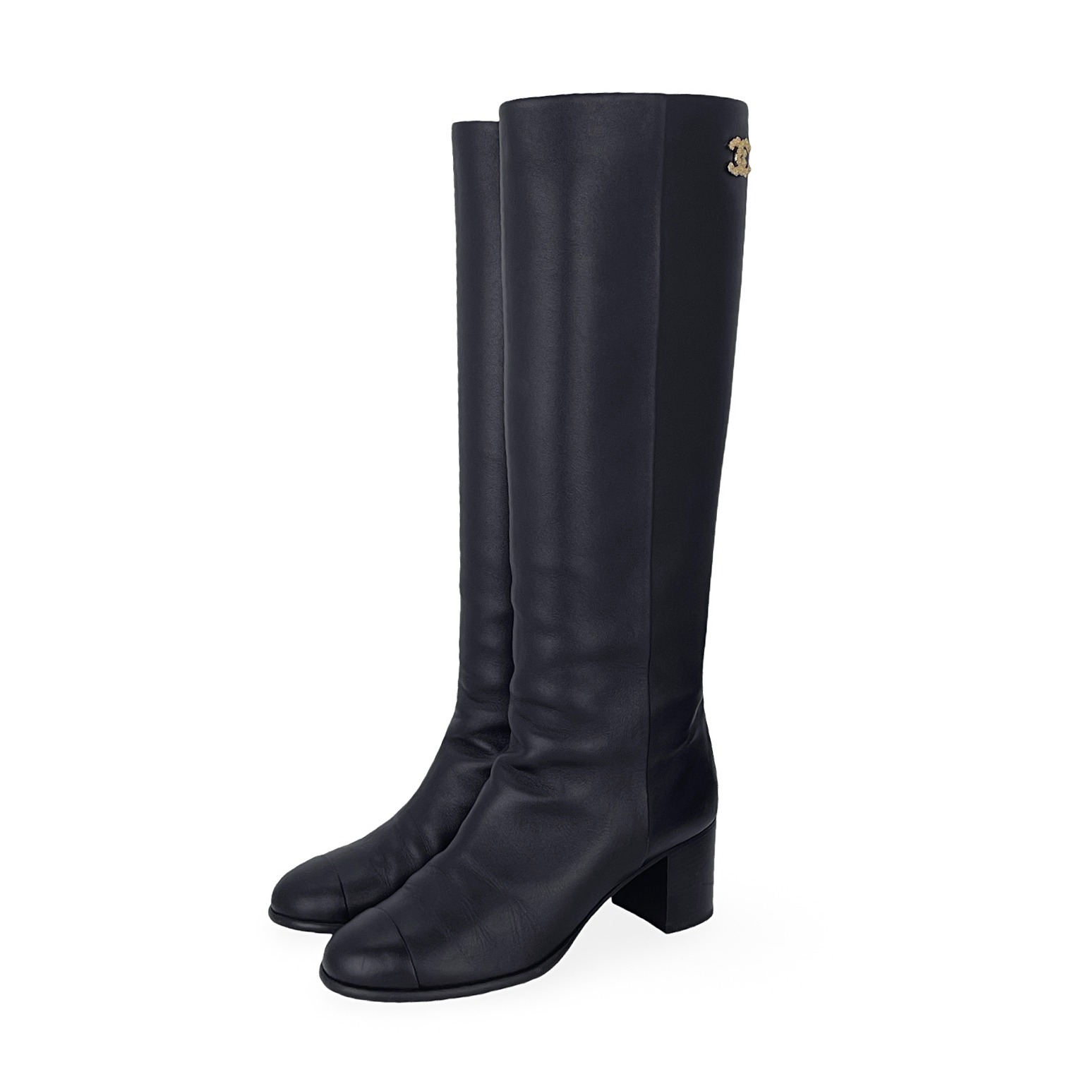 Chanel Black Leather Interlocking CC Logo Riding Boots 38.5