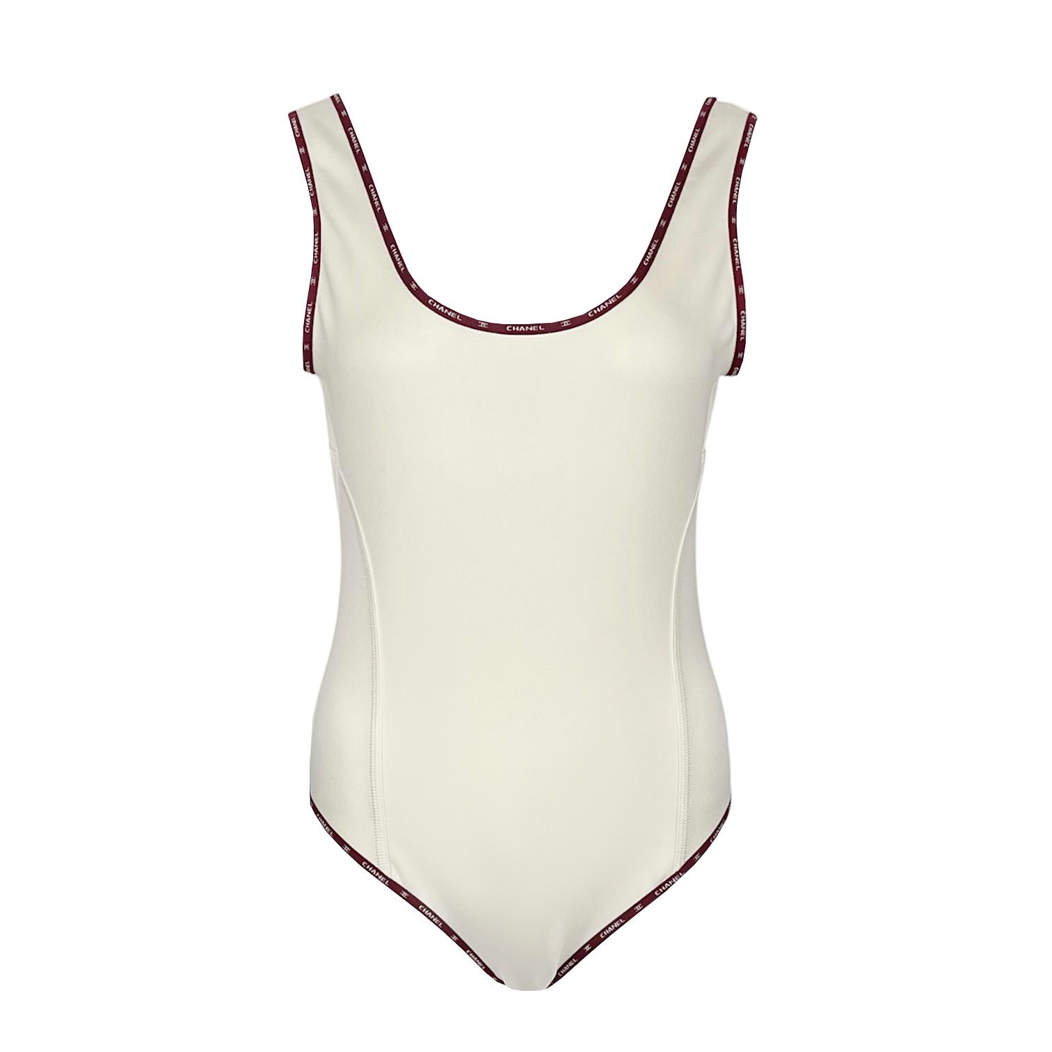 Chanel Ecru Burgundy Logo Trim One Piece 2025 Swimsuit 40