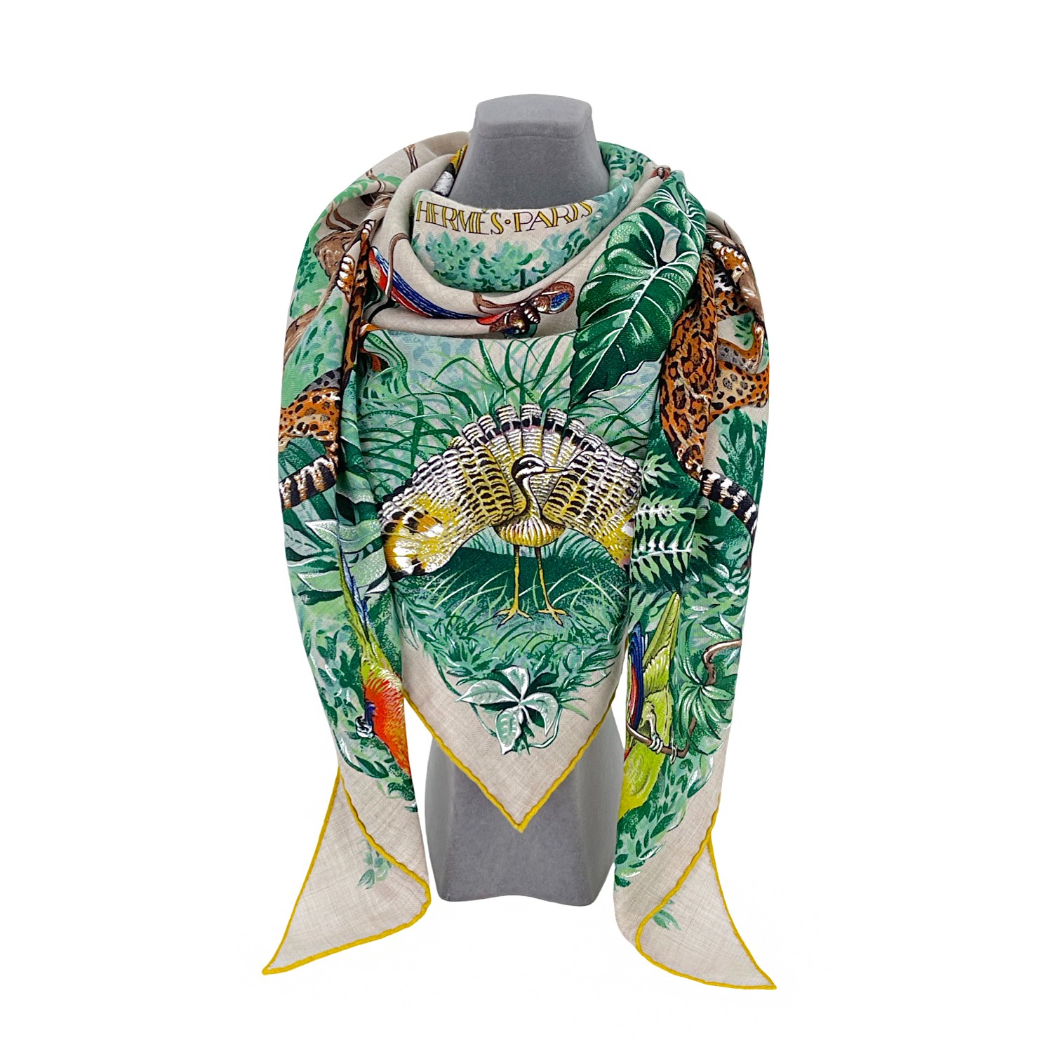 Hermes Naturel Vert Multicolor Cashmere Silk Equateur Triangle Scarf