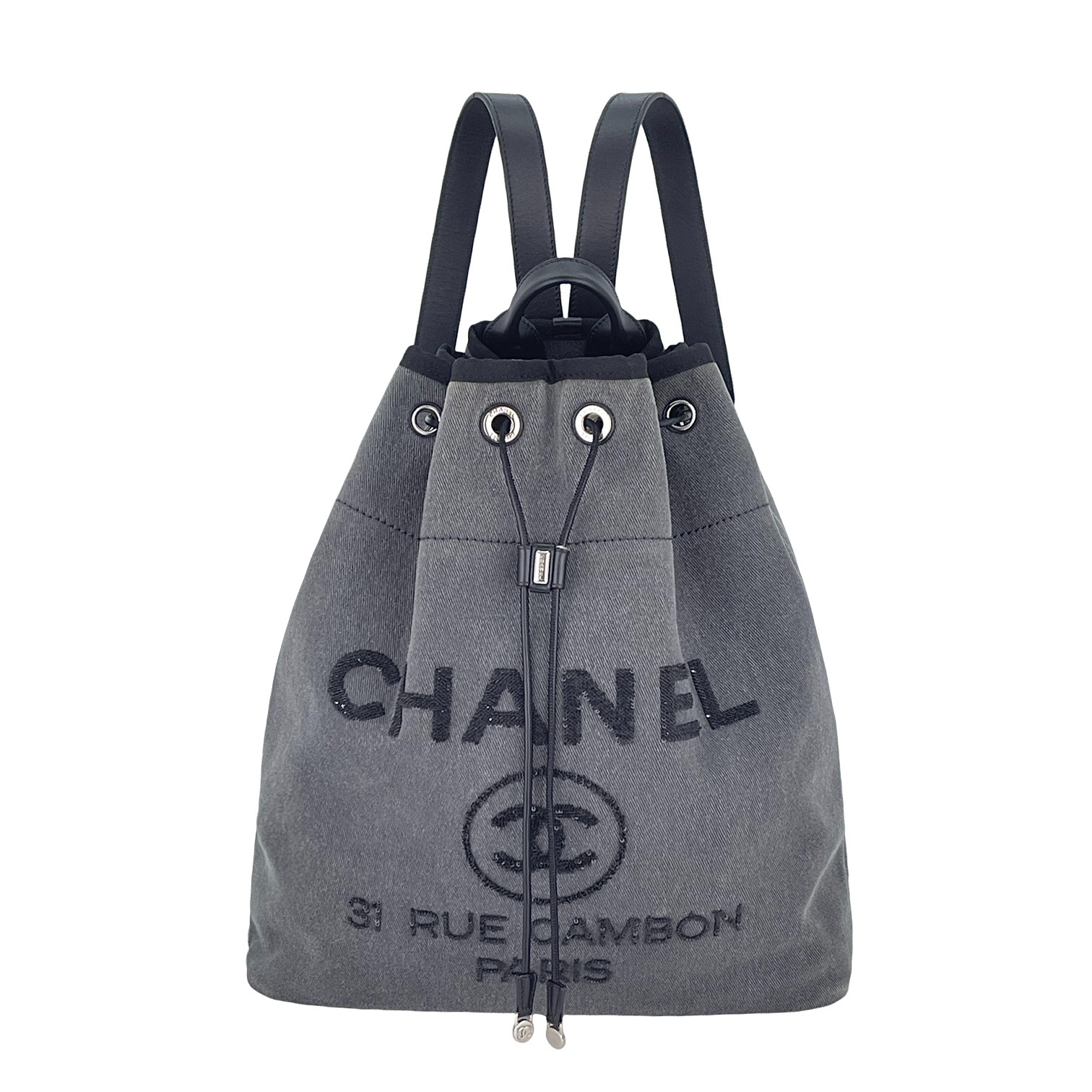 Chanel Grey Denim Sequins Logo Deuaville Backpack
