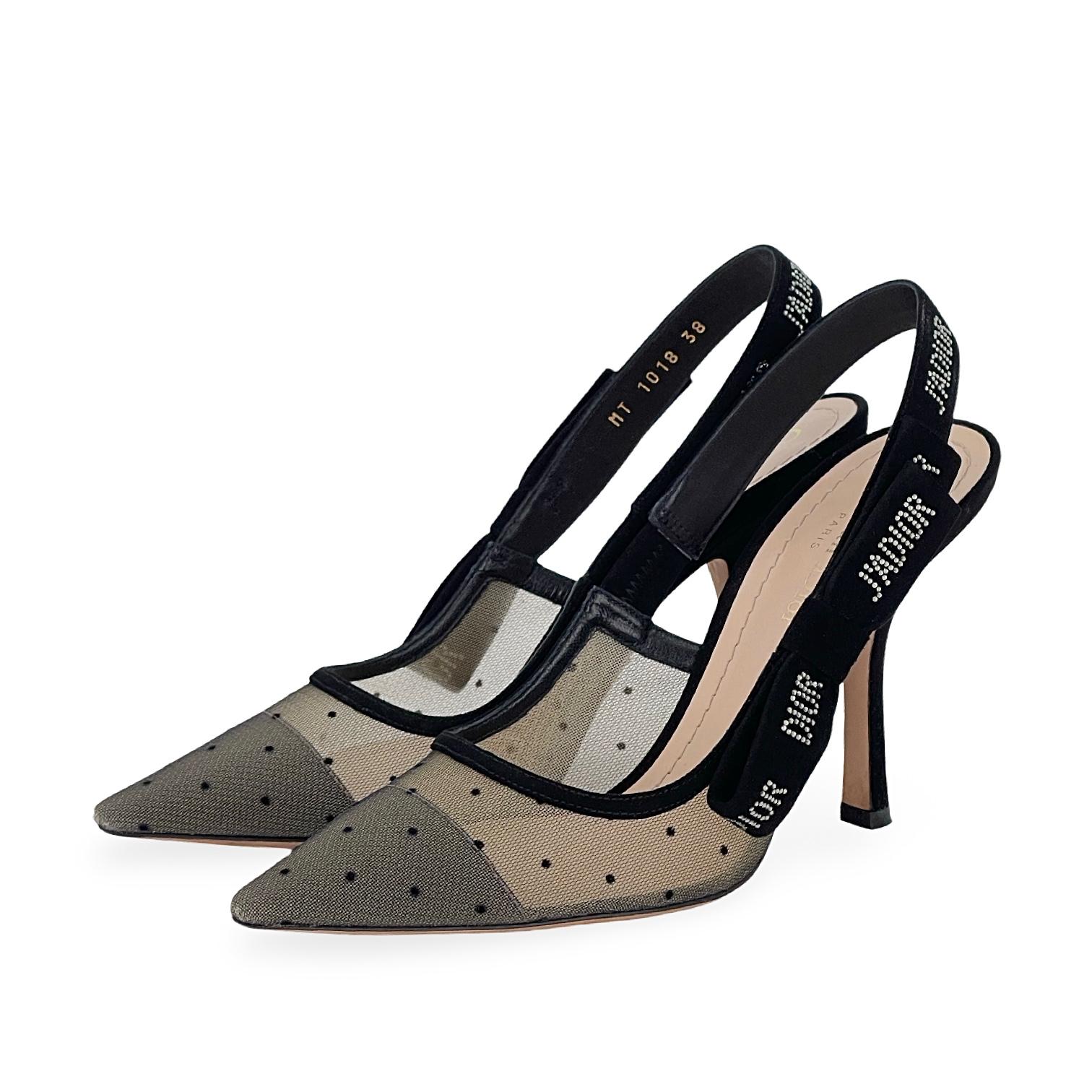 Christian Dior Black Beige Polka Dot Mesh Suede Jadior Slingback Pumps 38