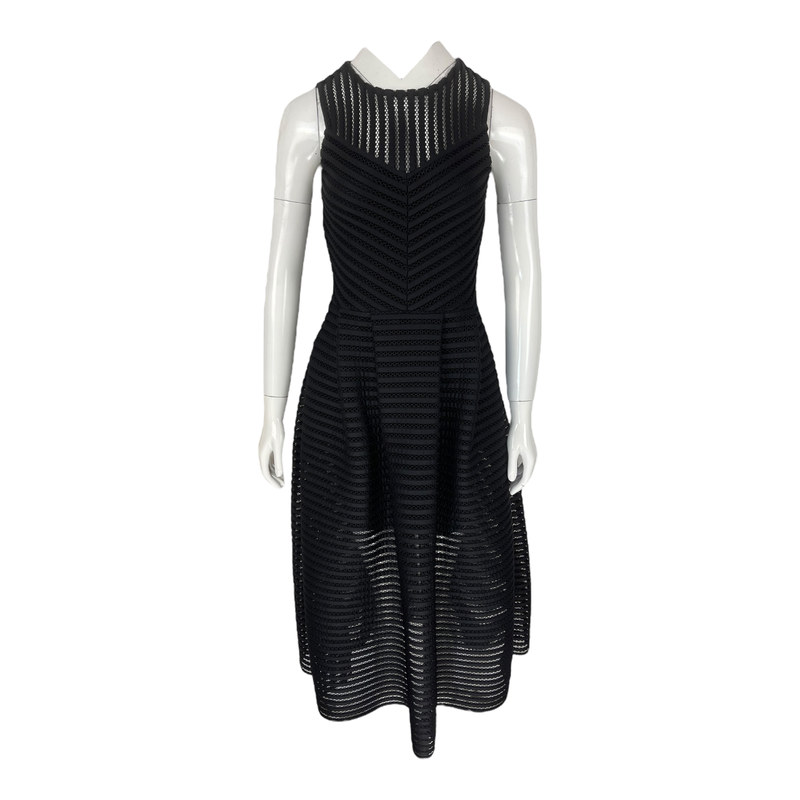 Maje Black Sheer Striped Panelled Crew Fit Flare Midi Dress S - 1